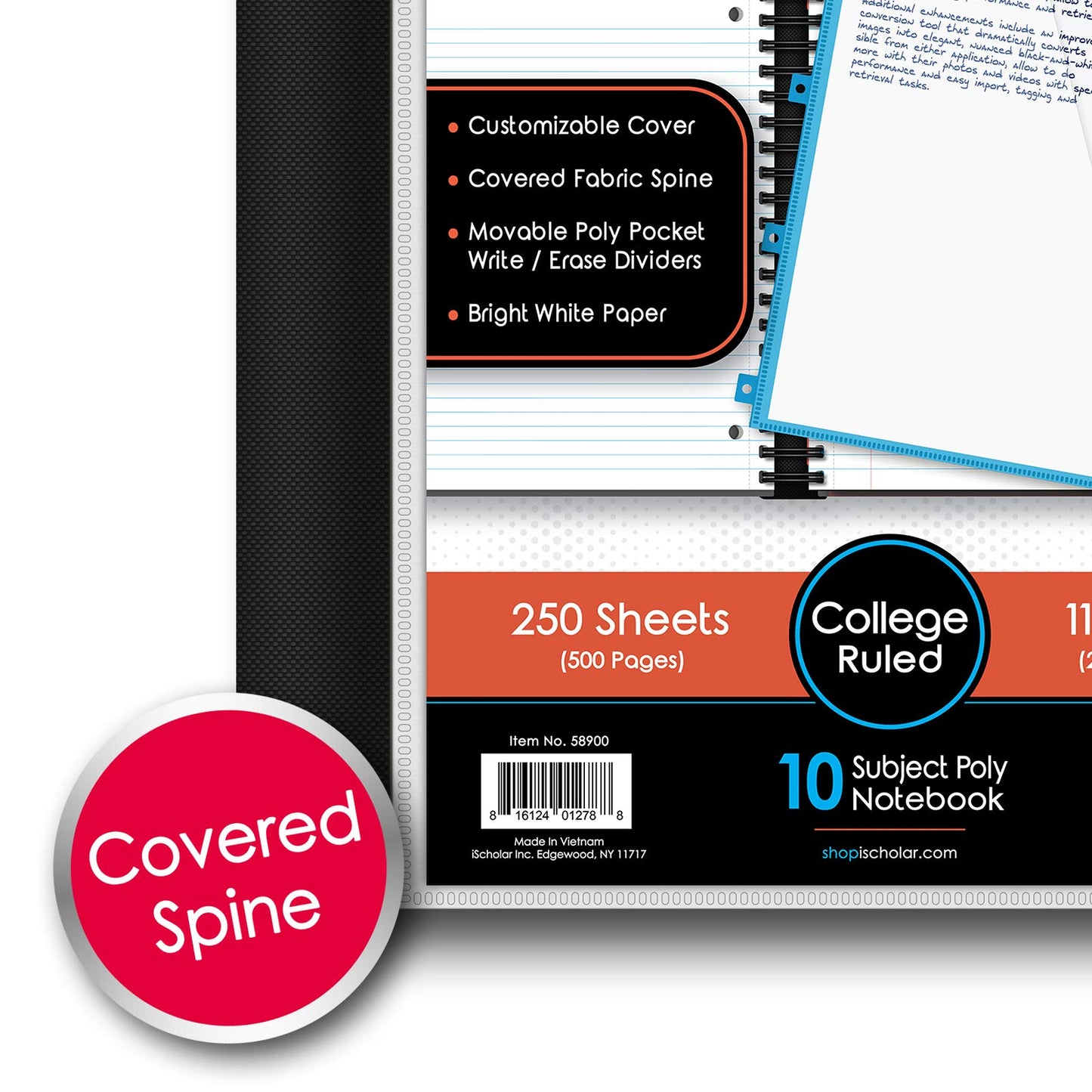 IQ+ iScholar Poly Cover 10 Subject Notebook, College Ruled, 11 x 8.5 Inch, 250 Sheets, Black (58900-BK)
