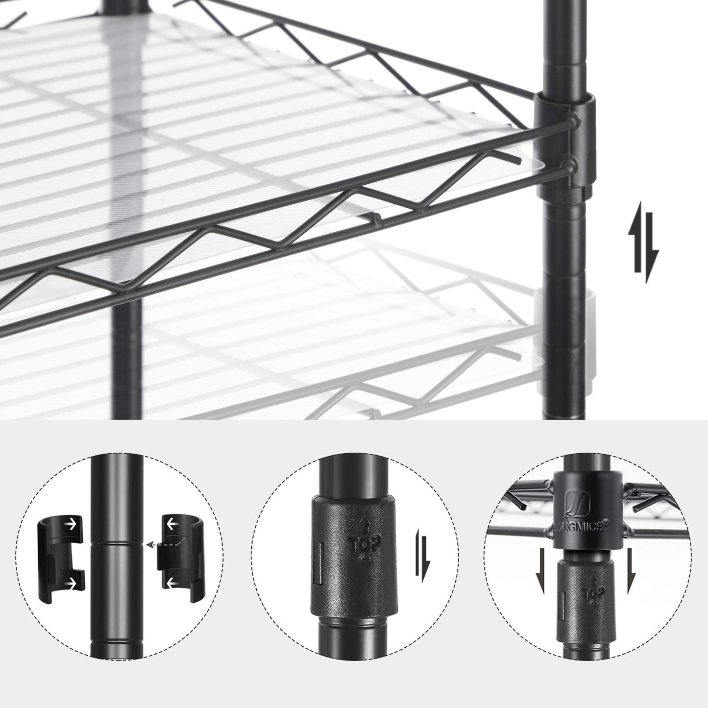 SONGMICS 5-Tier Metal Storage Shelves, Kitchen Wire Shelving Unit, Storage Rack with Adjustable Shelves, Shelf Liners, 8 Hooks, for Garage, 30 x 40 x 121 cm, Black ULGR115B01