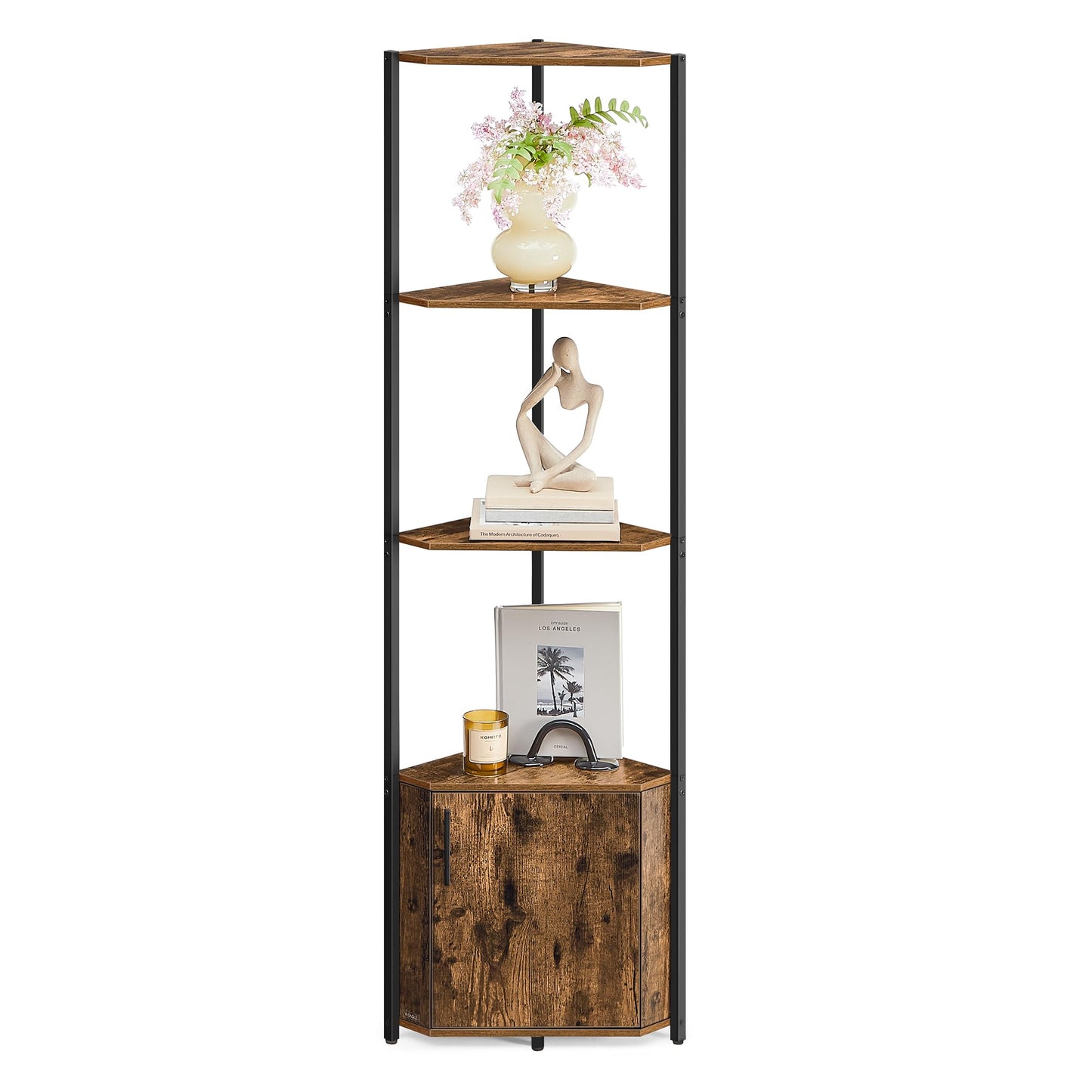 VASAGLE Corner Shelf with Storage, 5-Tier Corner Storage Cabinet, for Living Room, Bedroom, Kitchen, Bathroom, Rustic Brown and Ink Black ULBC580K01