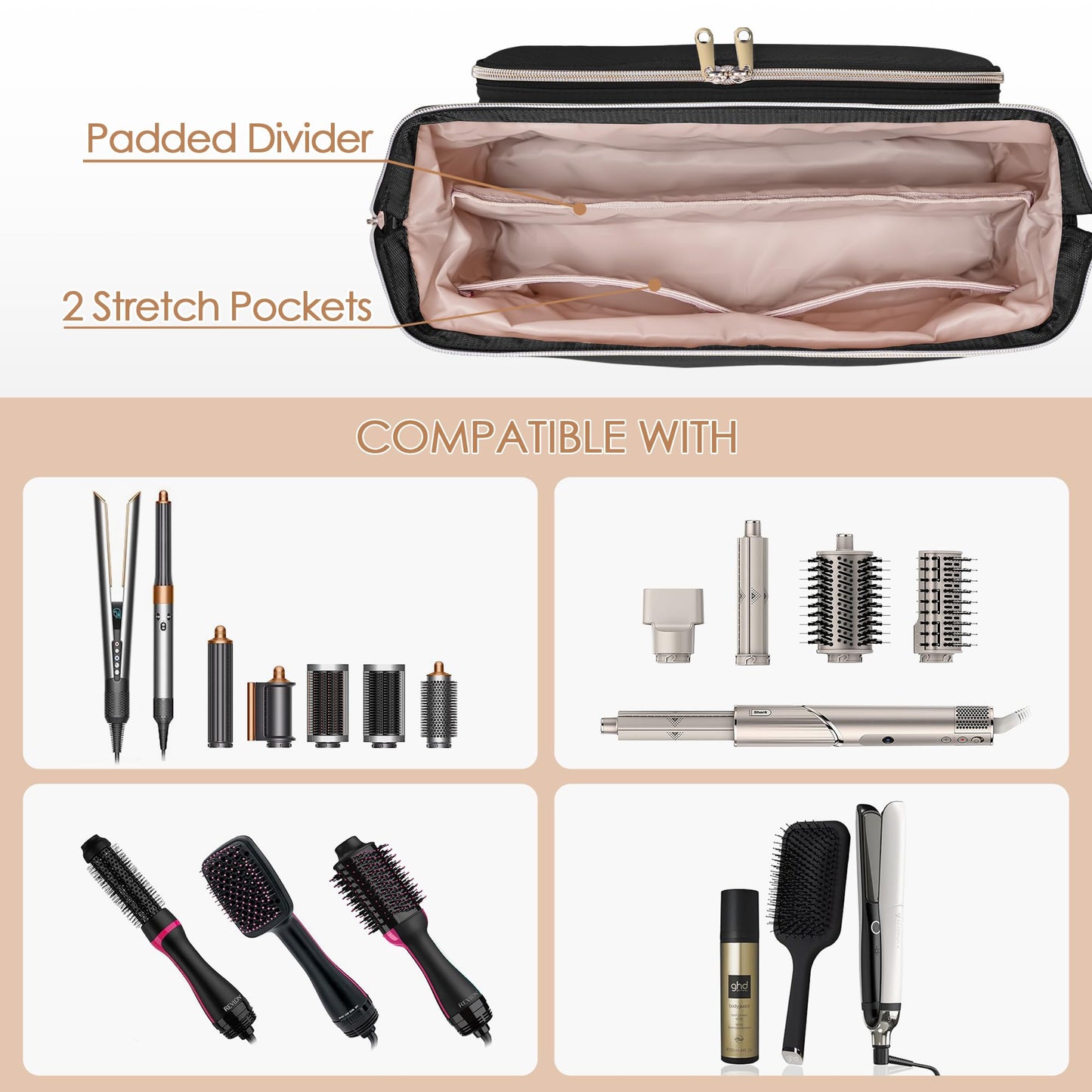 Fasrom Hair Tools Travel Bag with Heat Resistant Mat for Flat Iron, Curling Iron and Hair Straightener, 2 in 1 Hair Dryer Travel Case to Organize Hair Styling Tools, Black (Patent Design)