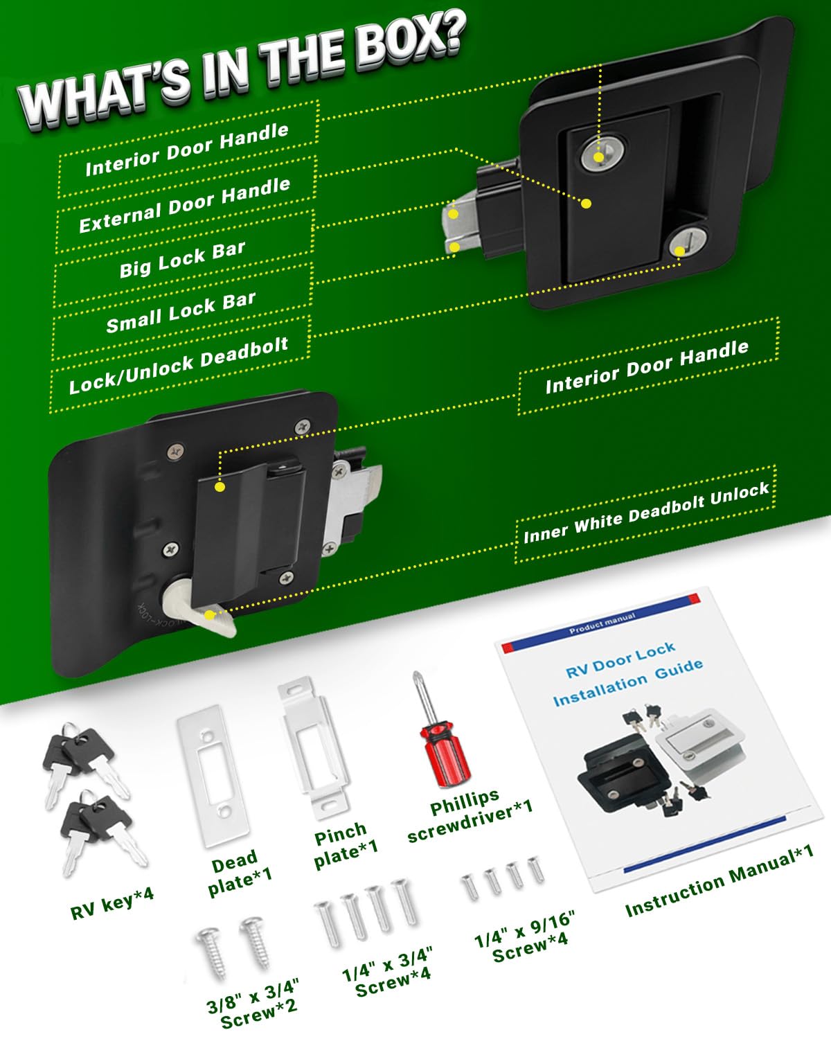 ZARIXOL RV Door Lock 100% Aluminum-Zinc Alloy with Paddle Deadbolt Black, Travel Door Lock for Travel Trailer Cargo Hauler, Includes 4 Universal Keys, Screwdriver, Mounting & Strike Plate
