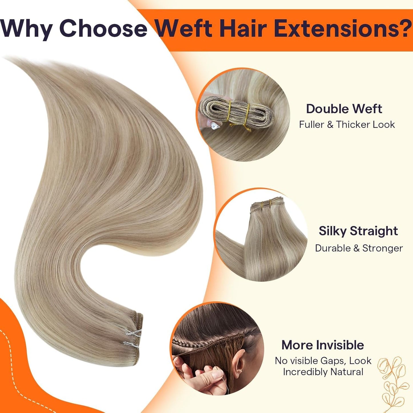 Full Shine Weft Hair Extensions Ash Blonde Hair Wefts Human Hair Sew in Blonde Highlight Human Hair Weft Extensions Full Ends Double Sew in Remy Hair Extensions 20 Inch 105g #18/613