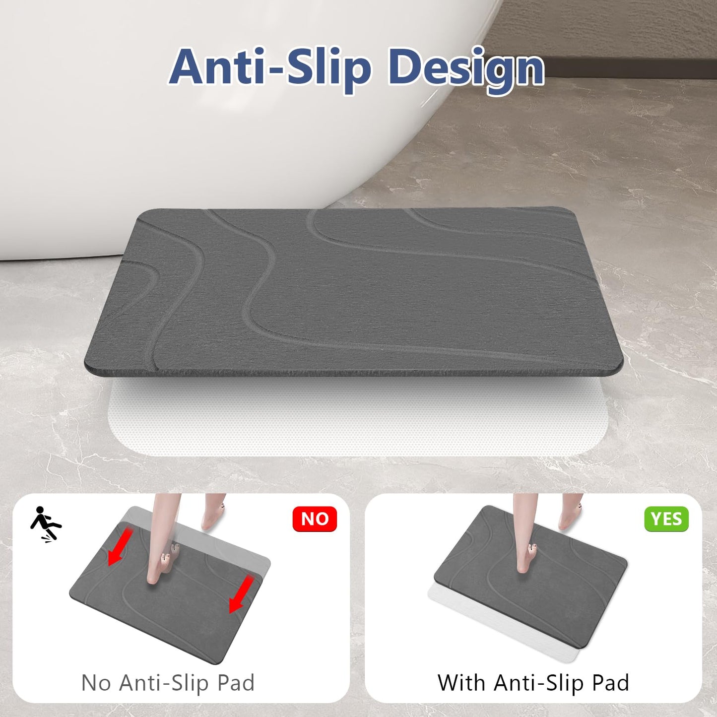 Ceecysaa Stone Bath Mat, Non-Slip Diatomaceous Earth Shower Mat, Quick Drying Bath Mat Stone, Super Absorbent Diatomite Bath Mats for Bathroom Kitchen, Easy to Clean, 60 x 39cm, Dark Gray