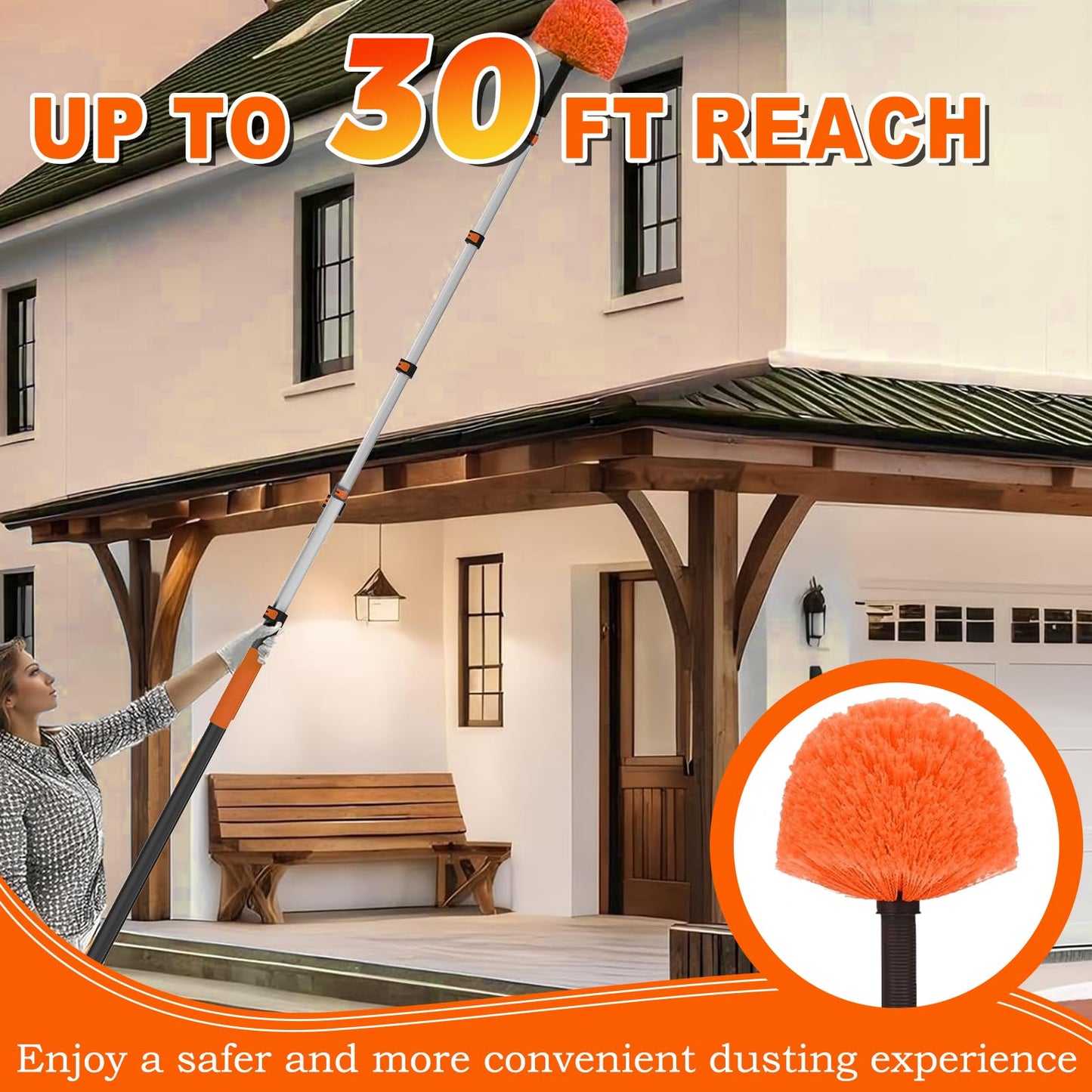 SISUPASSIE 30FT Reach Cobweb Duster with Extension Pole, High Ceiling Long Duster with 5-24FT Telescoping Pole, Spider Web Brush for Indoor Outdoor Use
