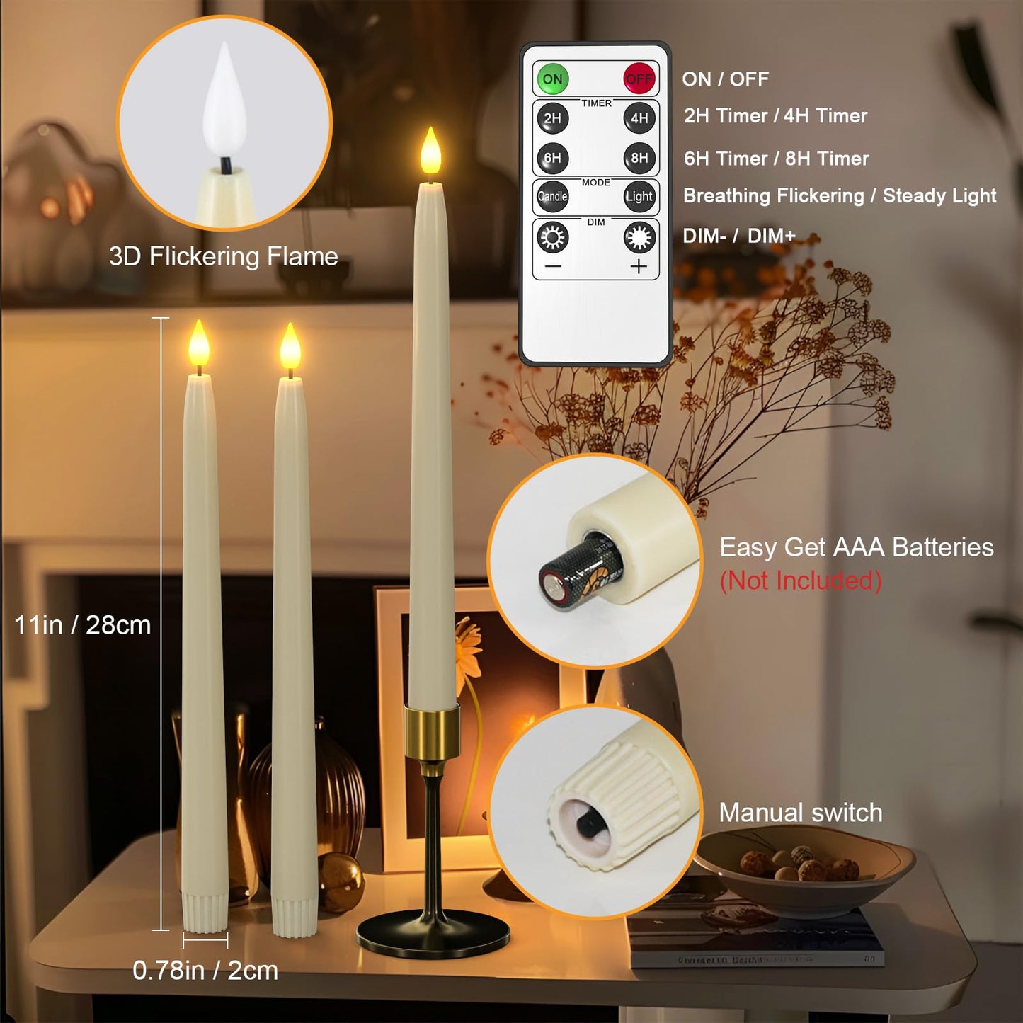 Yme 10pcs LED Ivory Taper Candles with Timer and Remote, Plastic Window Candles with Warm White Light Battery Operated for Candlesticks Wedding Halloween Christmas Decorations