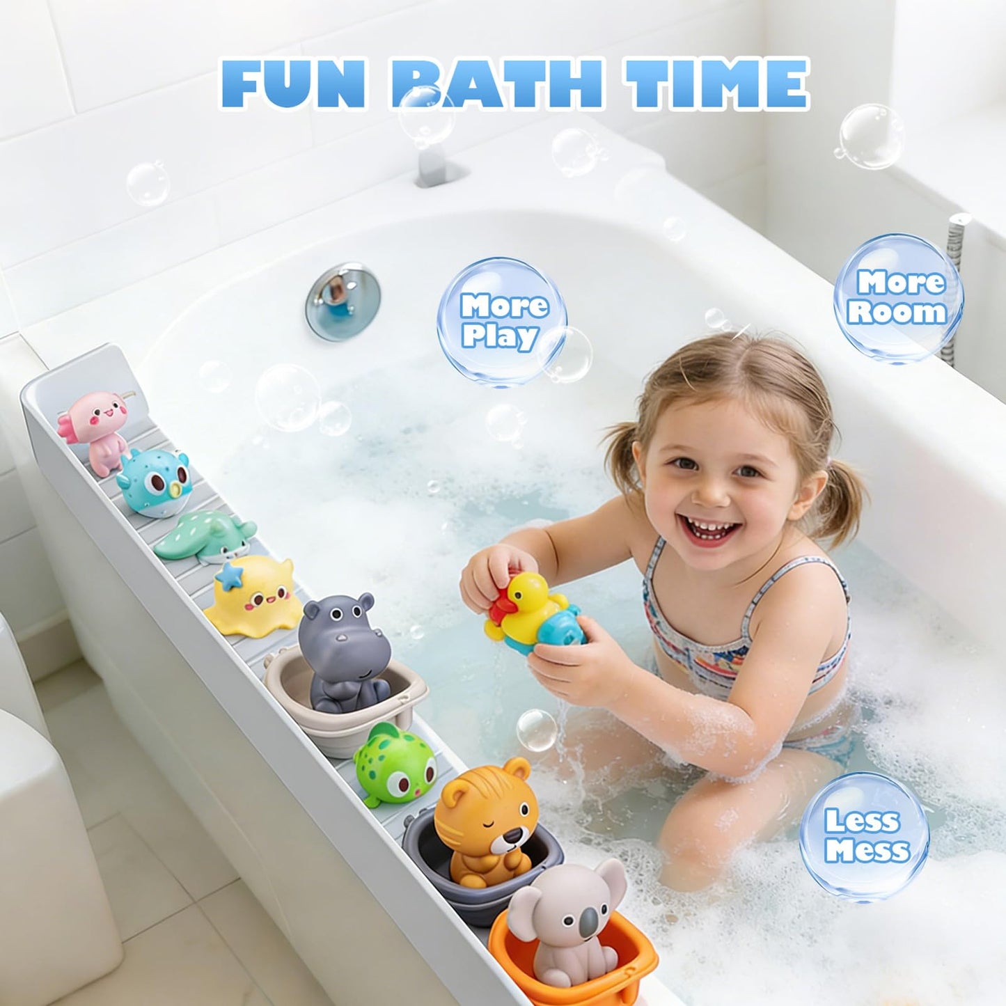 Silicone Bath Tub Splash Guard with 11 Suction Cups, Longer Bathtub Edge Extender Shelf, Bath Tray Holder (1, Gray-80cm)