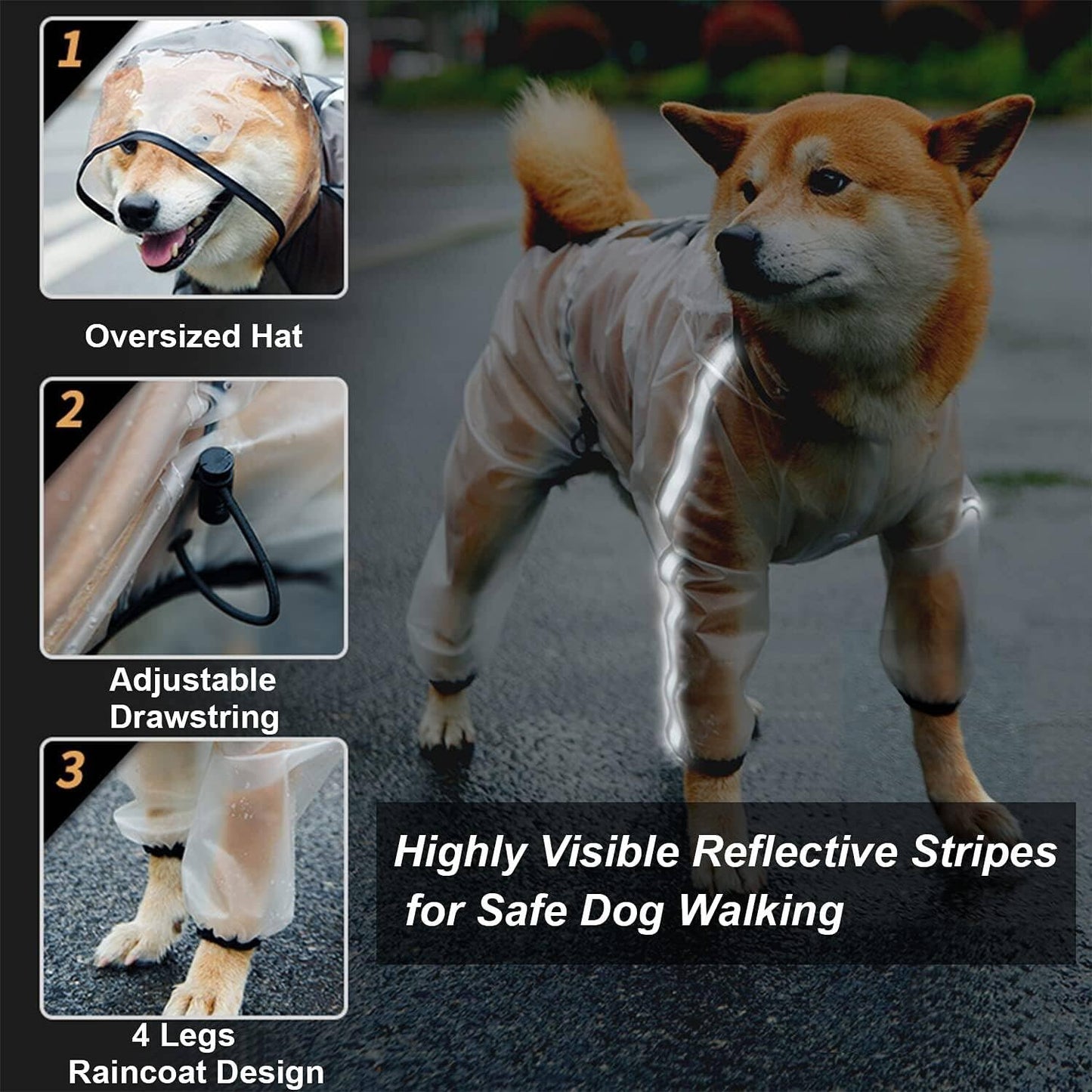 Olsa Dog Raincoat, Dog Hooded Slicker Poncho, 4 Legs Dog Rain Jacket with Reflective Stripe, Transparent Water Proof Resistant Dog Rain Snow Clothes for Small Medium Large Dogs