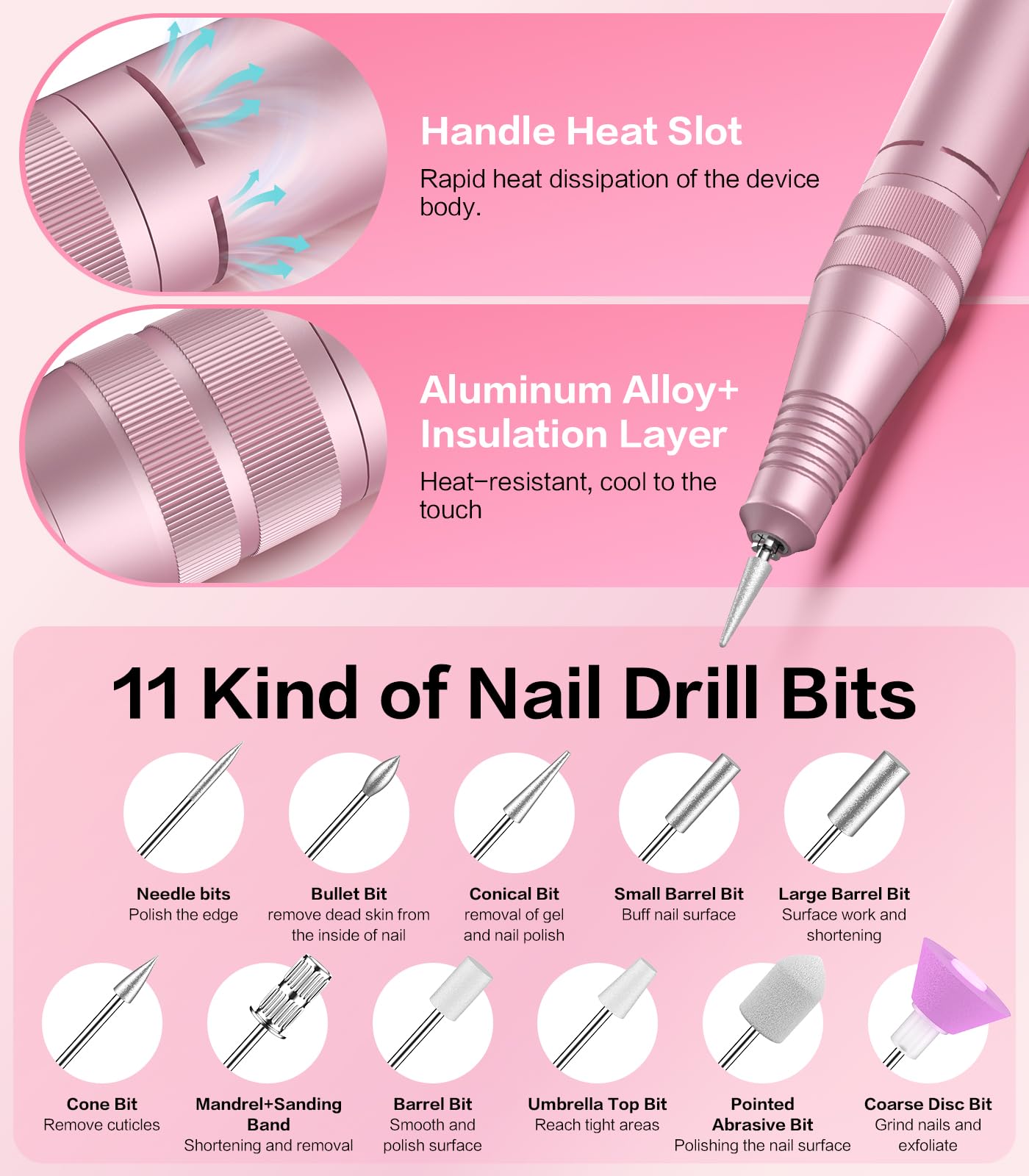 Professional Electric Cordless Nail Drill File with 11 Nail Drill Bits, 35000RPM DIY Glitter e Filer for Nails Kit Machine for Acrylic Nails Gel Polishing for Manicure Salon Home