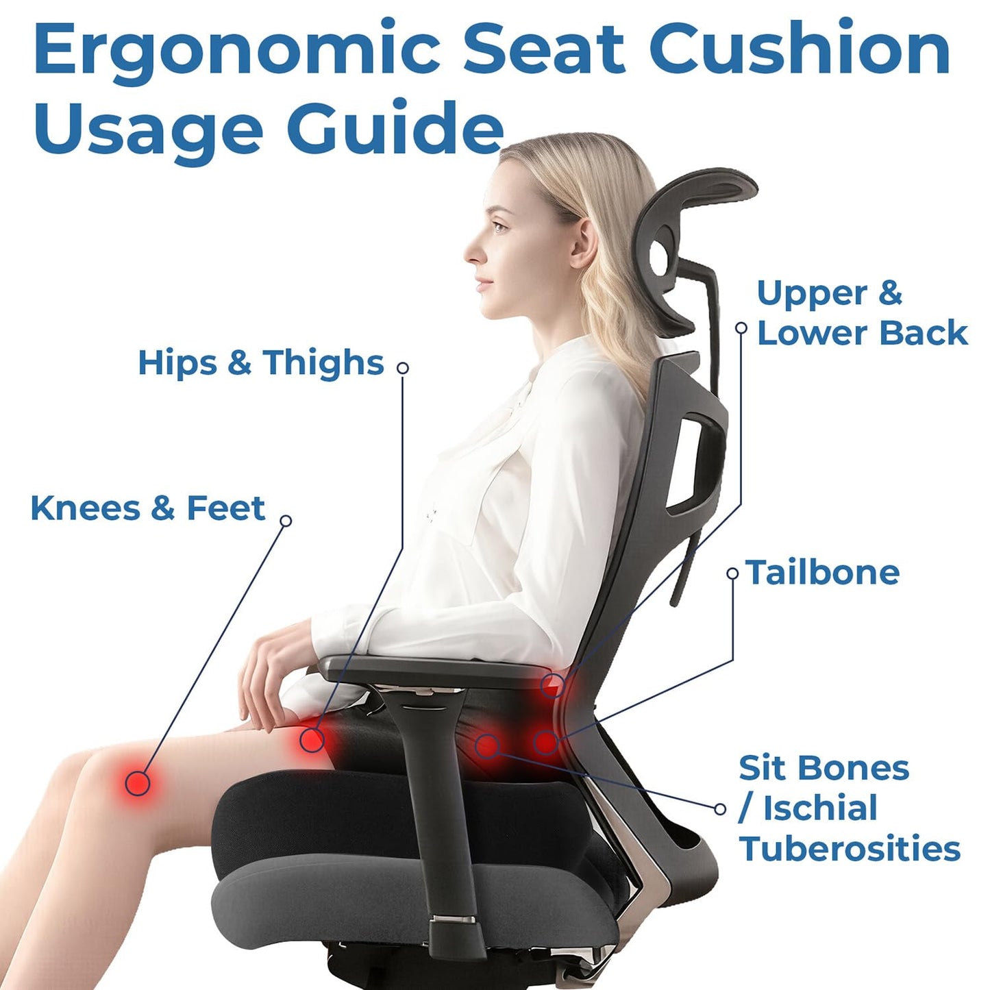 Seat Cushion for Office Chair, Large Memory Foam Coccyx Seat Cushions for Long Sitting Workers,Ergonomic Desk Chair Cushion with Washable Non-Slip Cover