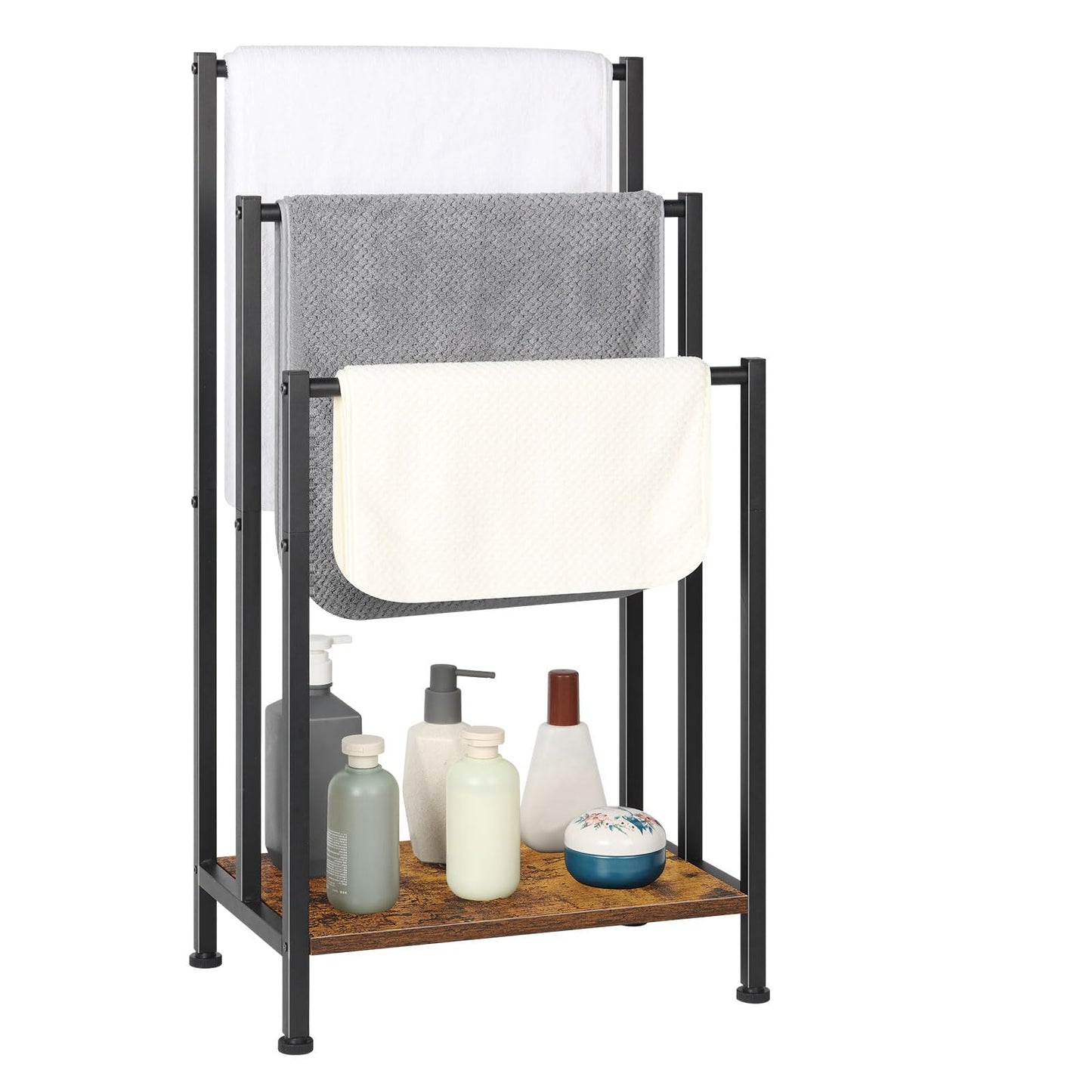3 Tier Metal Towel Rack Blanket Rack Stand for Bedroom Standing Towel Rack Black Bath Towel Holder Stand (Brown)