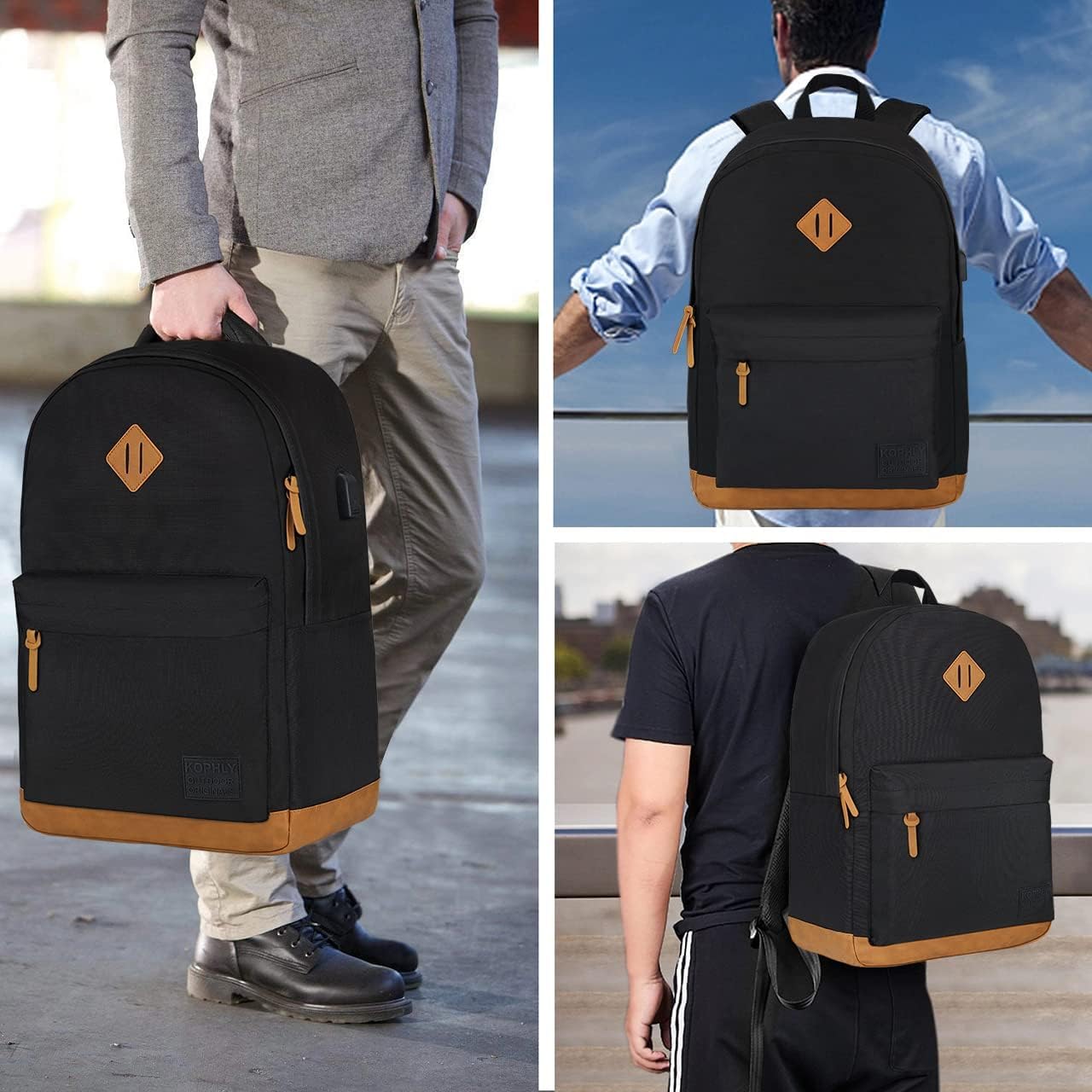KOPHLY Large Travel Laptop Backpack with USB Charging Port for Men and Women, Work Backpack, Classic Backpack for College, Travel(18Inches/Black)