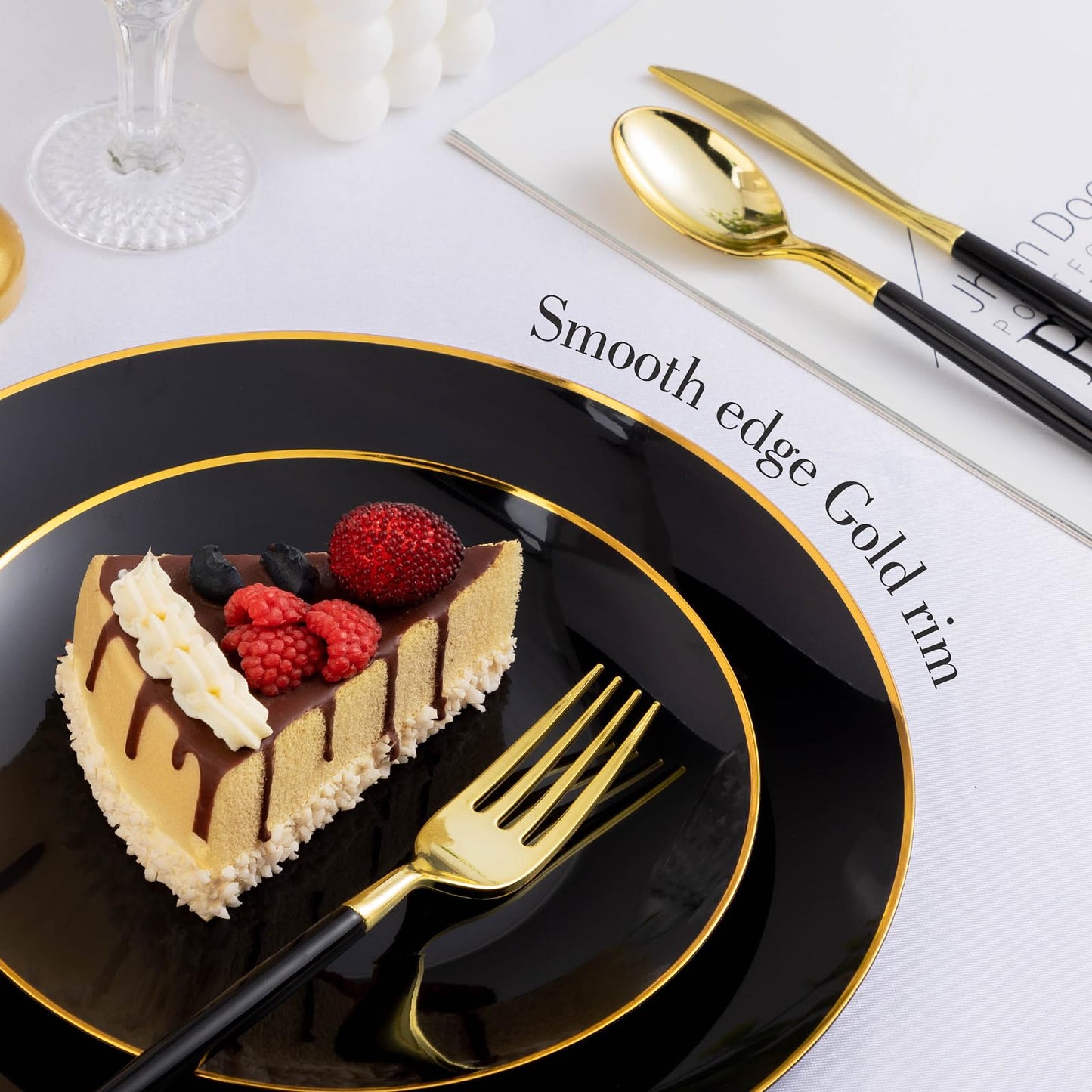 Bestluck 100PCS Black Plastic Plates with Gold Rim, Black Gold Disposable Plates for Party, Graduation and Wedding, Include 50 Dinner Plates, 50 Dessert Plates for 50 Guests