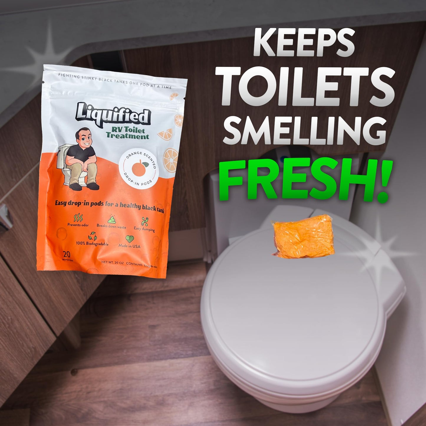 Liquified RV Toilet Treatment Drop-Ins - Prevents Tank Odors - Breaks Down Waste and Tissue - Septic Tank Safe - Matts RV Reviews - Orange Scent - 20 Treatments (20 1oz pods)