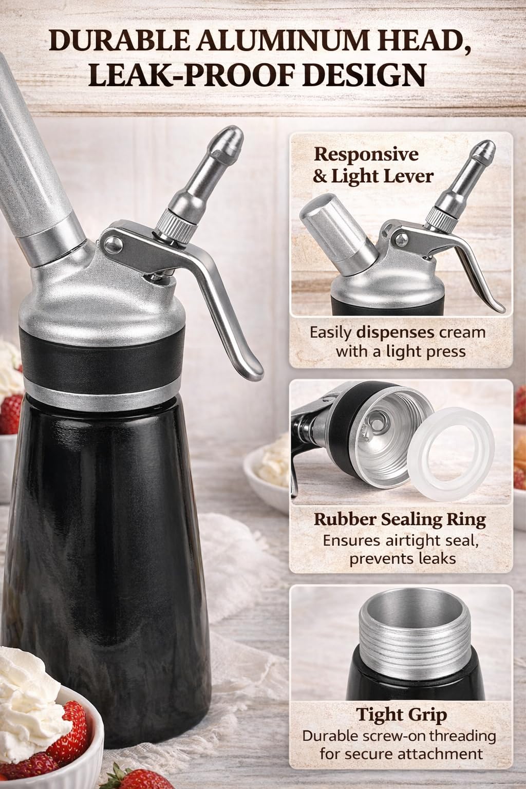Whipped Cream Dispenser–Double Wall Insulated Aluminum Water Bottle with Stainless Steel 3 Nozzles, Extra-Large Capacity Whipping Cream Maker for Desserts, Coffee, Cocktails More
