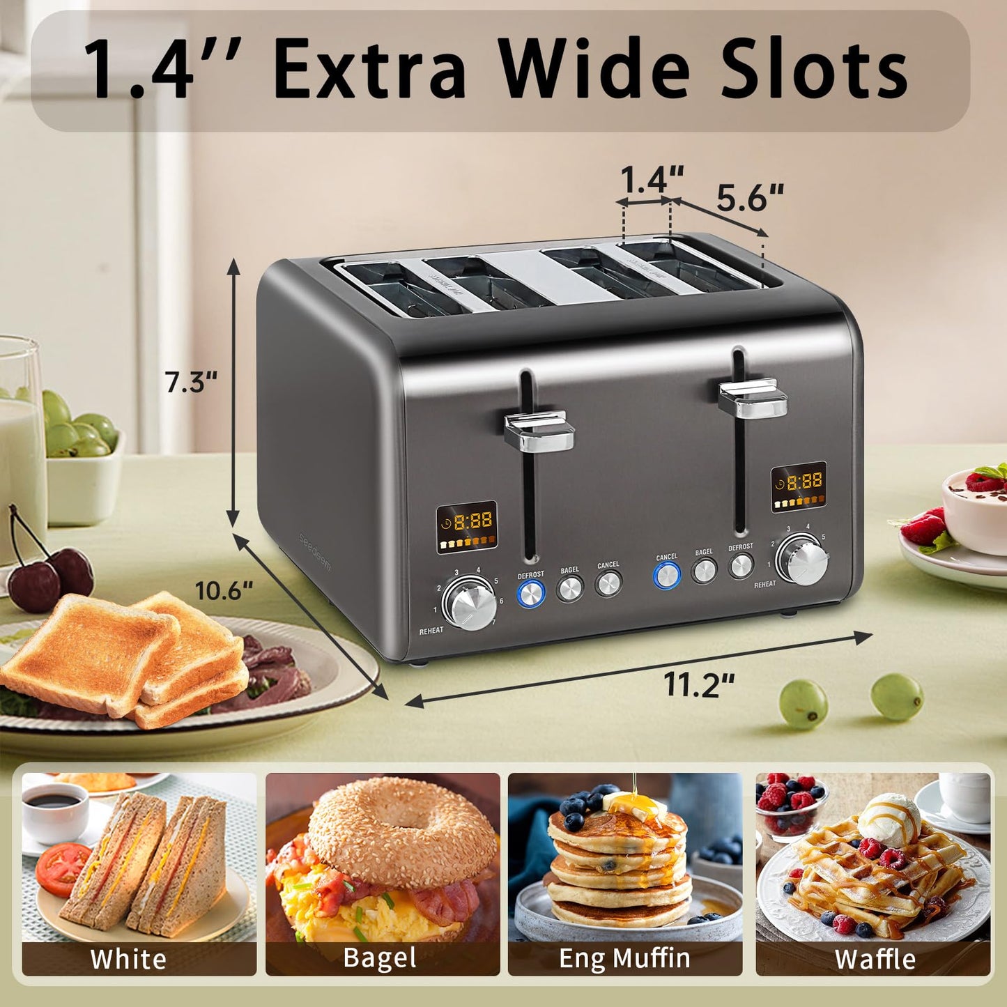 SEEDEEM 4 Slice Stainless Toaster with LCD Display, 7 Shade Settings, Wide Slots, Bagel/Defrost/Reheat Functions, Removable Crumb Tray, 1800W