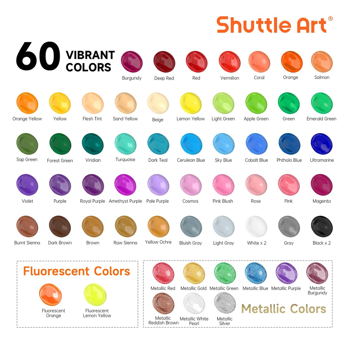 72 Pack Acrylic Paint Set, Shuttle Art 60 Colors Acrylic Paint Including Extra White Black & 12 Brushes, 2oz/60ml, Rich Pigmented, Water Proof, Ideal for Artists, Beginners on Canvas Rock Wood Ceramic