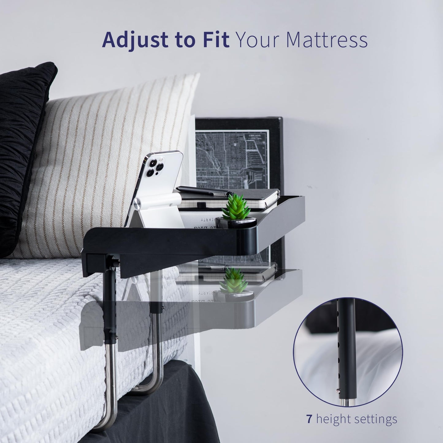 Height Adjustable Under Mattress 17 inch Bedside Shelf, Works with Lofts and Beds Without Frames, Heavy Duty Storage Tray, Fits Laptops, Books, and Drinks, Nightstand Alternative, Black
