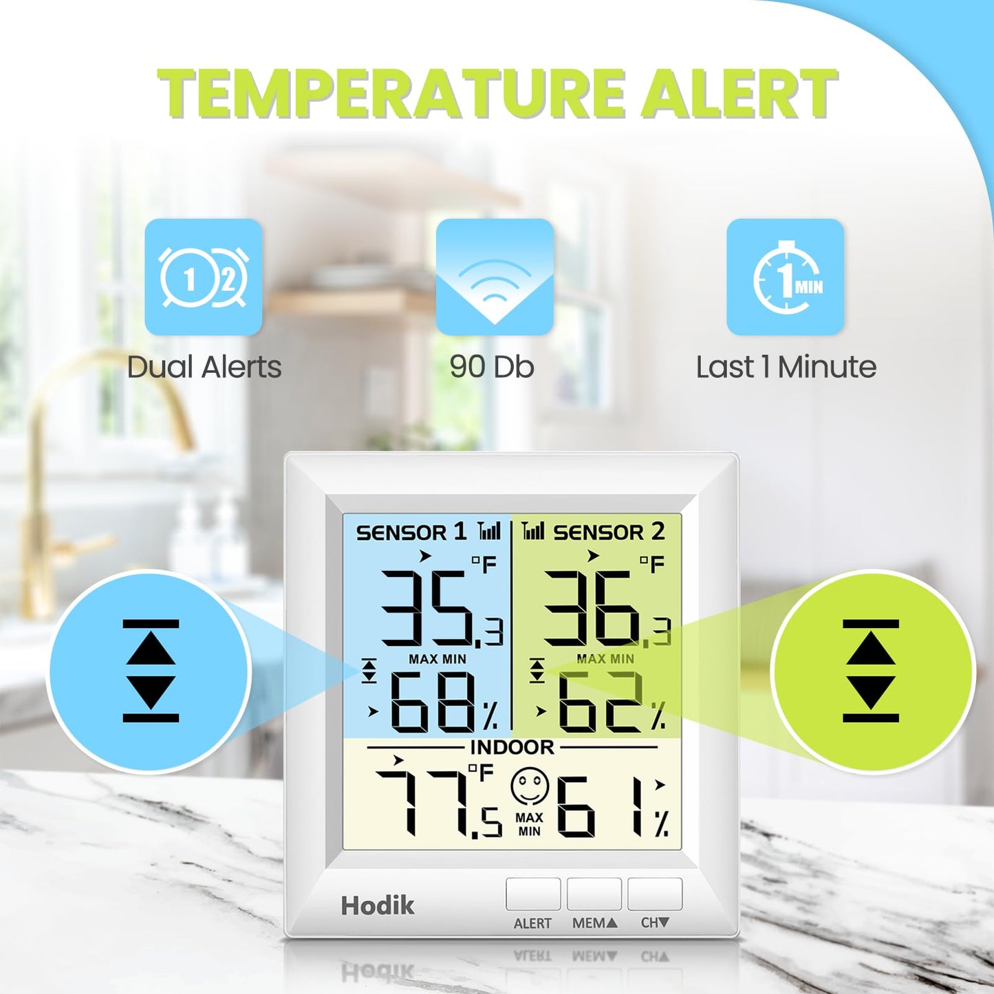 HODIK Refrigerator Thermometer with Alarm Fridge Freezer Thermometer, 100M Range Wireless Digital Thermometer with 3 Adjustable Backlight for Kitchen Home Restaurant