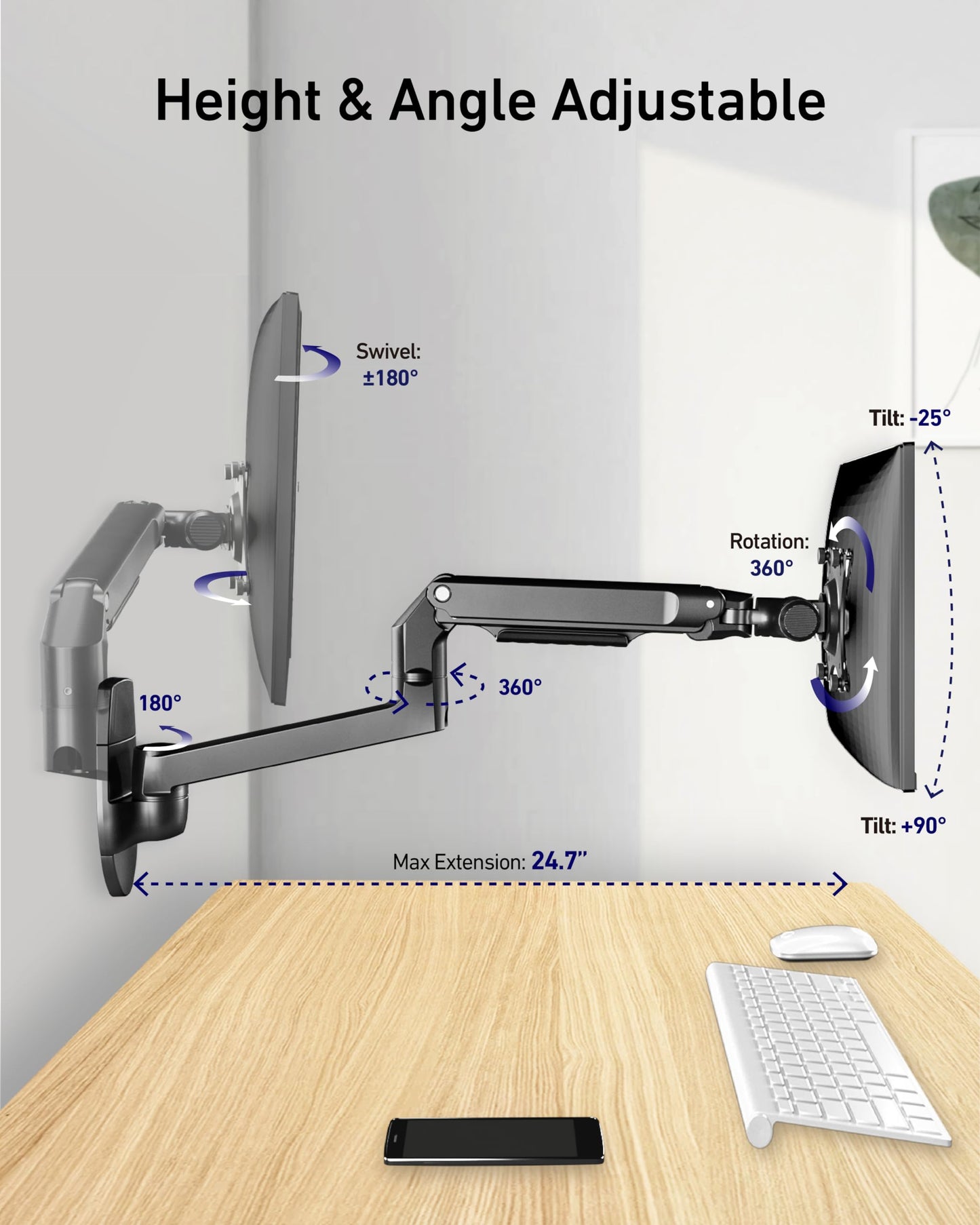 Ergounion Single Monitor Wall Mount for Flat or Curved Screens up to 38" Within 25 lbs, Full Motion Adjustable Monitor Arm with Cable Management, VESA 75x75/100x100mm, Black