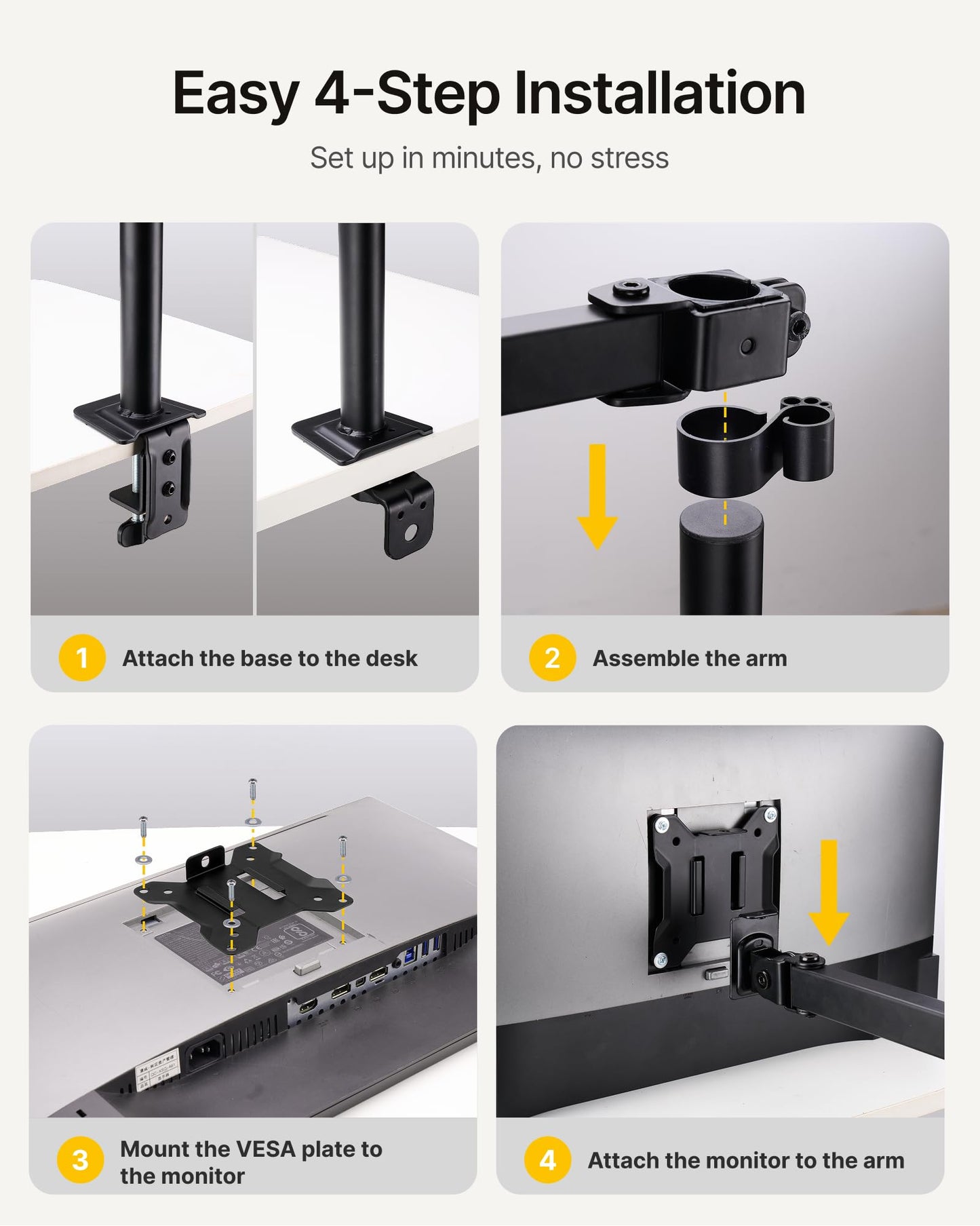 monTEK Single Long Monitor Mount for 17-32 inches Screen, Fully Adjustable Articulating Desk Monitor Stand up to 22lbs Capacity, Computer Mount with C Clamp and Grommet Base, Max VESA 100x100mm