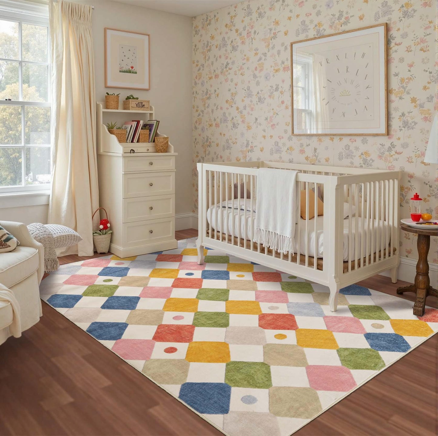 jinchan Kids Area Rug 5x7 for Nursery Room Checkered Washable Indoor Non Slip Modern Soft Rug Living Room Carpet Decor Floor Cover for Dining Room Bedroom Circus on Cream