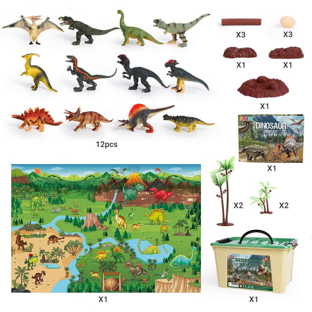FRUSE Dinosaur Toys Figures,12 PCS Realistic Large Dinosaur Figurines with Jumbo Play Mat & Information Dino Book,Educational Dino Figure Playset Cake Topper Decoration for Kids