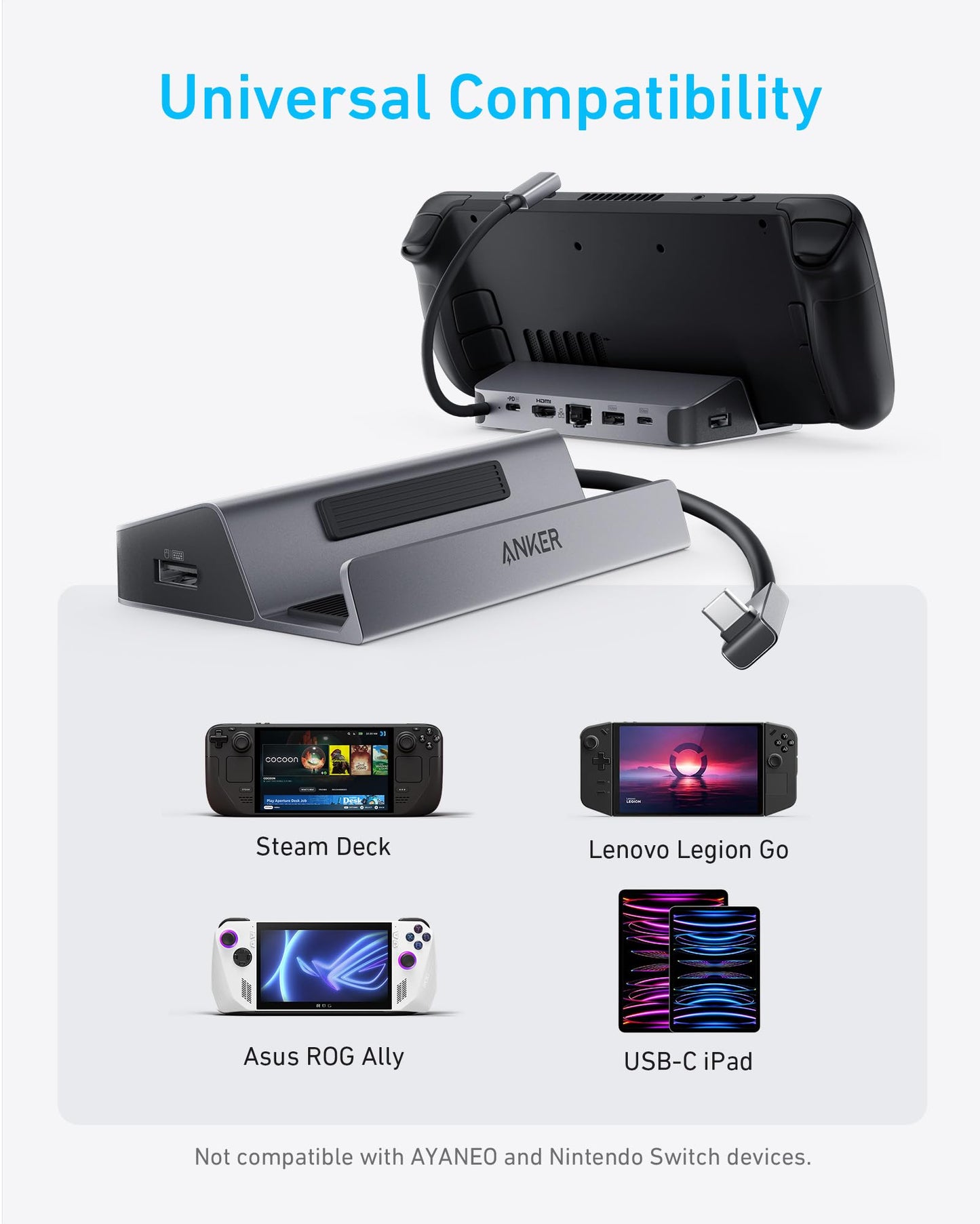 Anker Steam Deck Dock, Docking Station for Steam Deck (OLED)/ROG Ally/Legion Go, 6-in-1 USB C Hub with HDMI 4K@60Hz, 1Gbps Ethernet, 2 USB-A and 1 USB-C Port, 90W Fast Charging (Not for Rog Ally X)