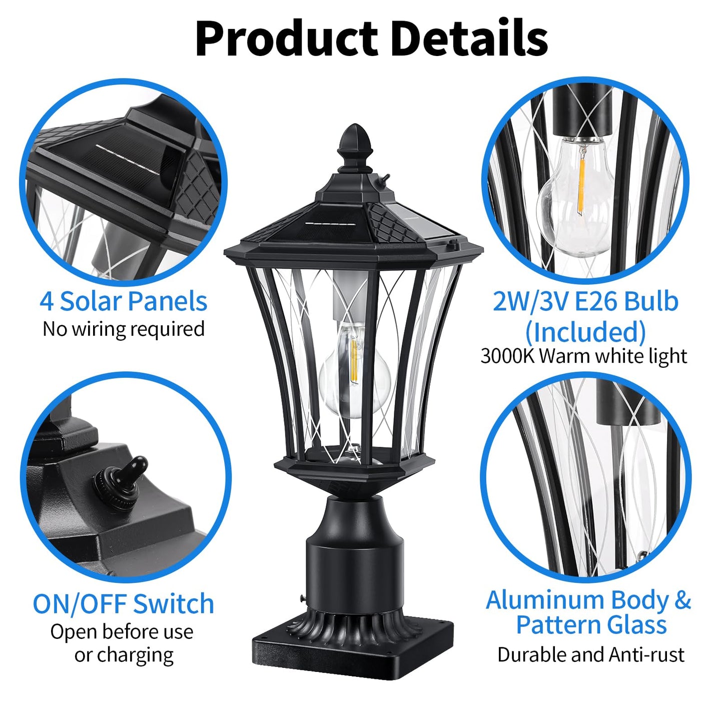 YSN 16" Solar Post Lights Outdoor, Dusk to Dawn Outdoor Post Lights with Pier Mount Base, Black Solar Lamp Posts Light Fixture, Waterproof Light Posts for Outside Yard Garden Patio, 1 Pack