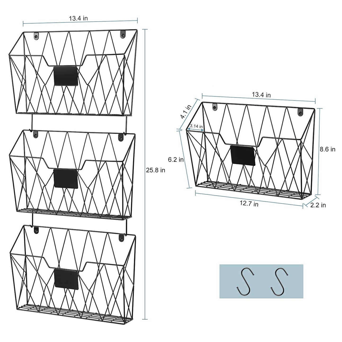 ETELI Hanging Wall File Organizer Holder Rack 3 Pockets Hanging Wall File Holder Wall Mount Mail Organizer Magazine Rack with Metal Hooks for Paper Files Office Home, Black