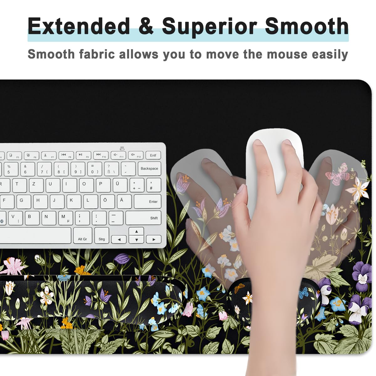 4 in 1 Extended Mouse Pad Set with Memory Foam Keyboard Wrist Rest, Mouse Wrist Cushion & Cute Coaster, Ergonomic Large Desk Pad for Home Office & Gaming (Wild Flowers)
