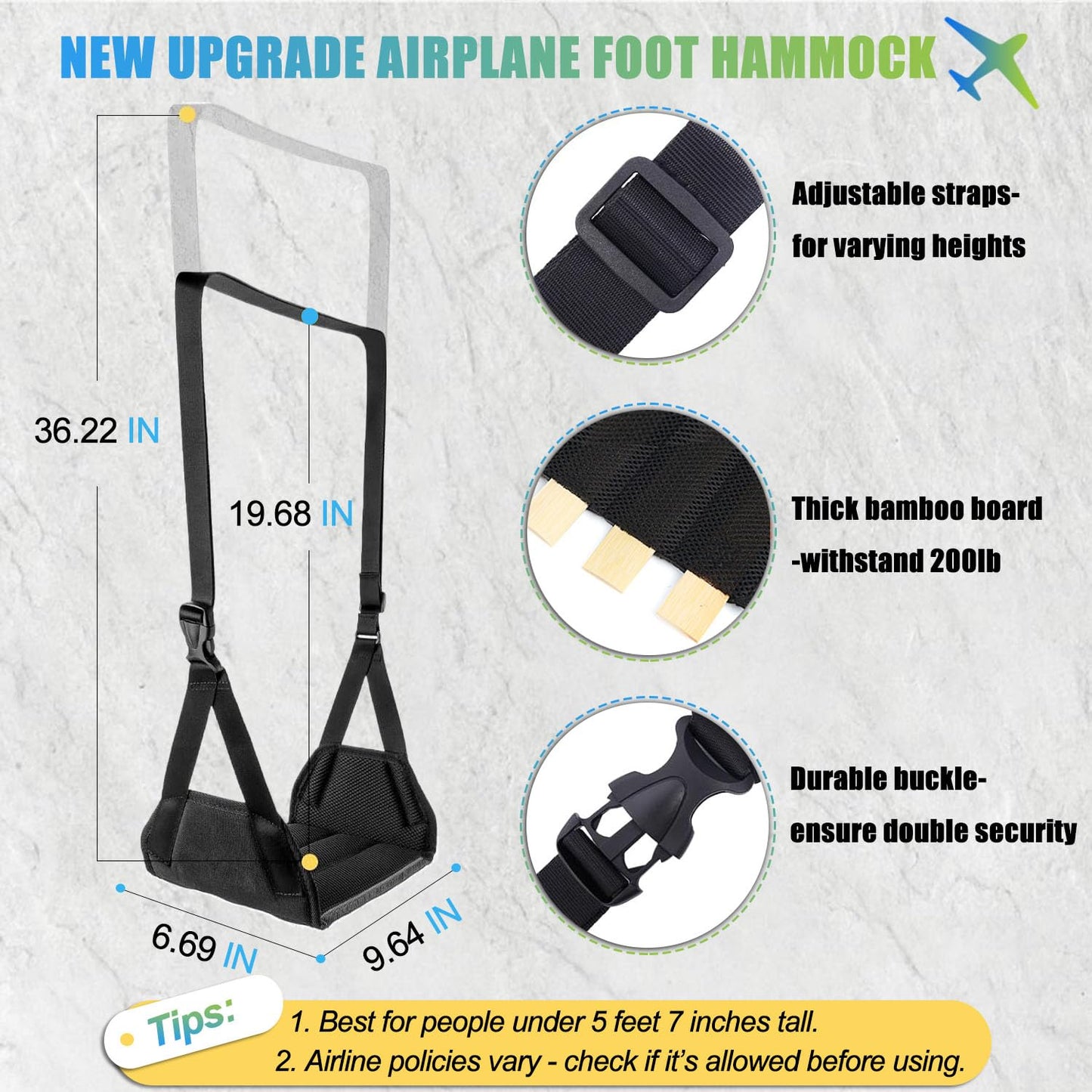 2-Pack Airplane Foot Hammock, No Collapse Thickened Bamboo Airplane Foot Rest with Extended Adjustment Strap, Portable Desk Foot Hammock, Foot Sling Travel Essentials to Relax Your Feet
