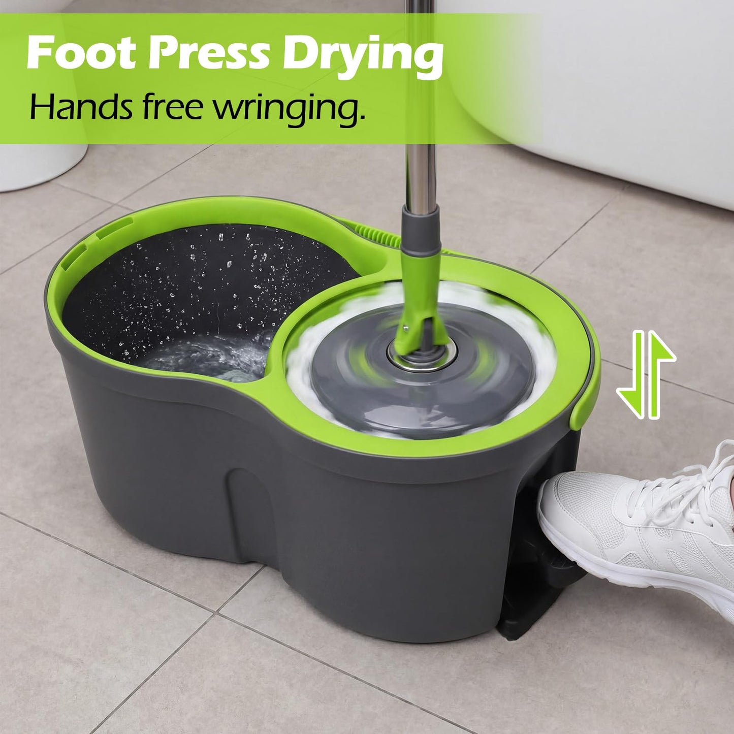 Almcmy Spin Mop and Bucket Set, Mop Bucket with Foot Pedal Wringer System, 3 Reusable Mop Refills, 130cm Long Handle, Easy Wring Magic Mop Floor Cleaning System, Green