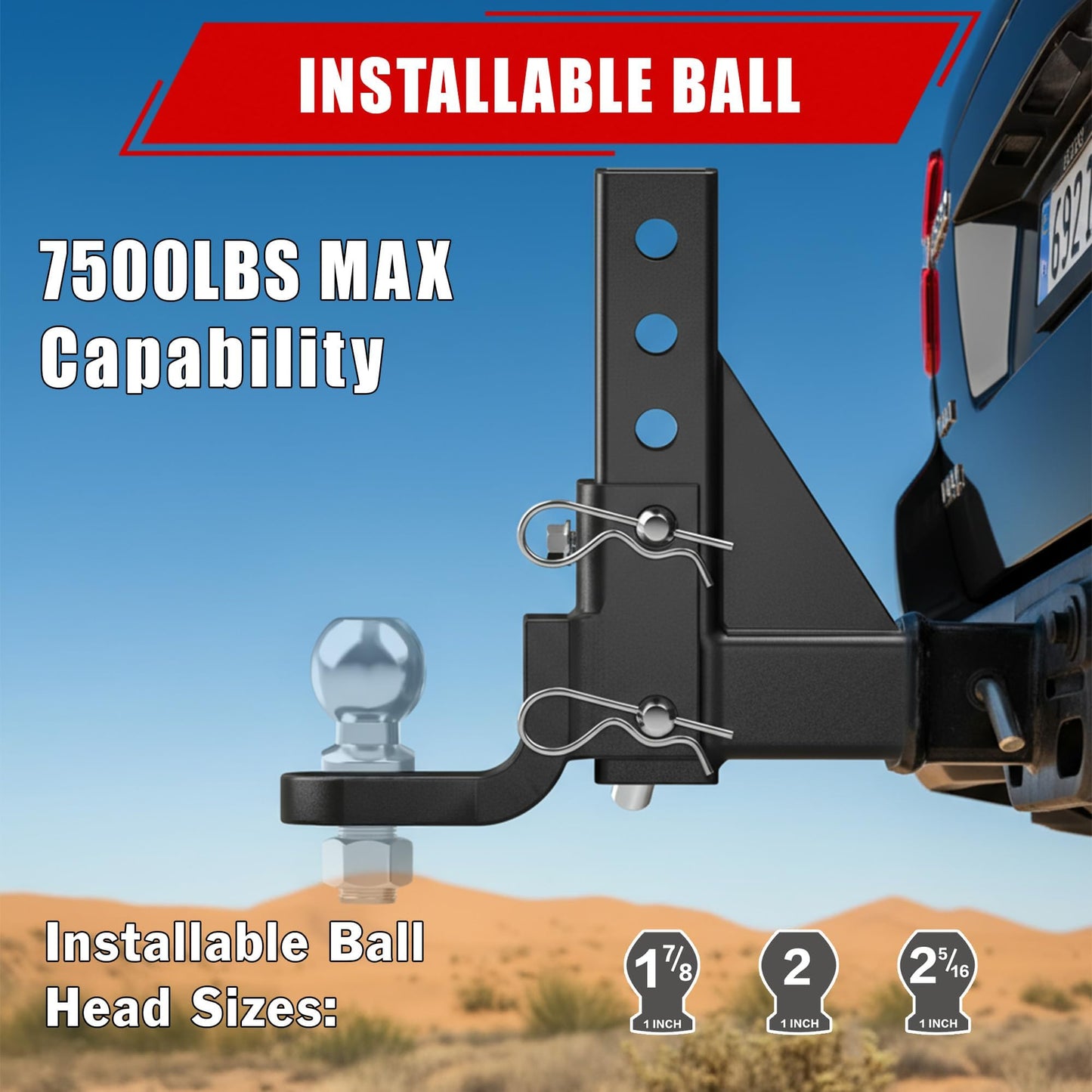 TYT Adjustable Trailer Hitch Ball Mount, 6-Position Tow Hitch, Fits 2-Inch Receiver, with 1" Hitch Ball Hole, 9-1/2" Drop & 8-1/4" Rise Drop Hitch, 7500 lbs