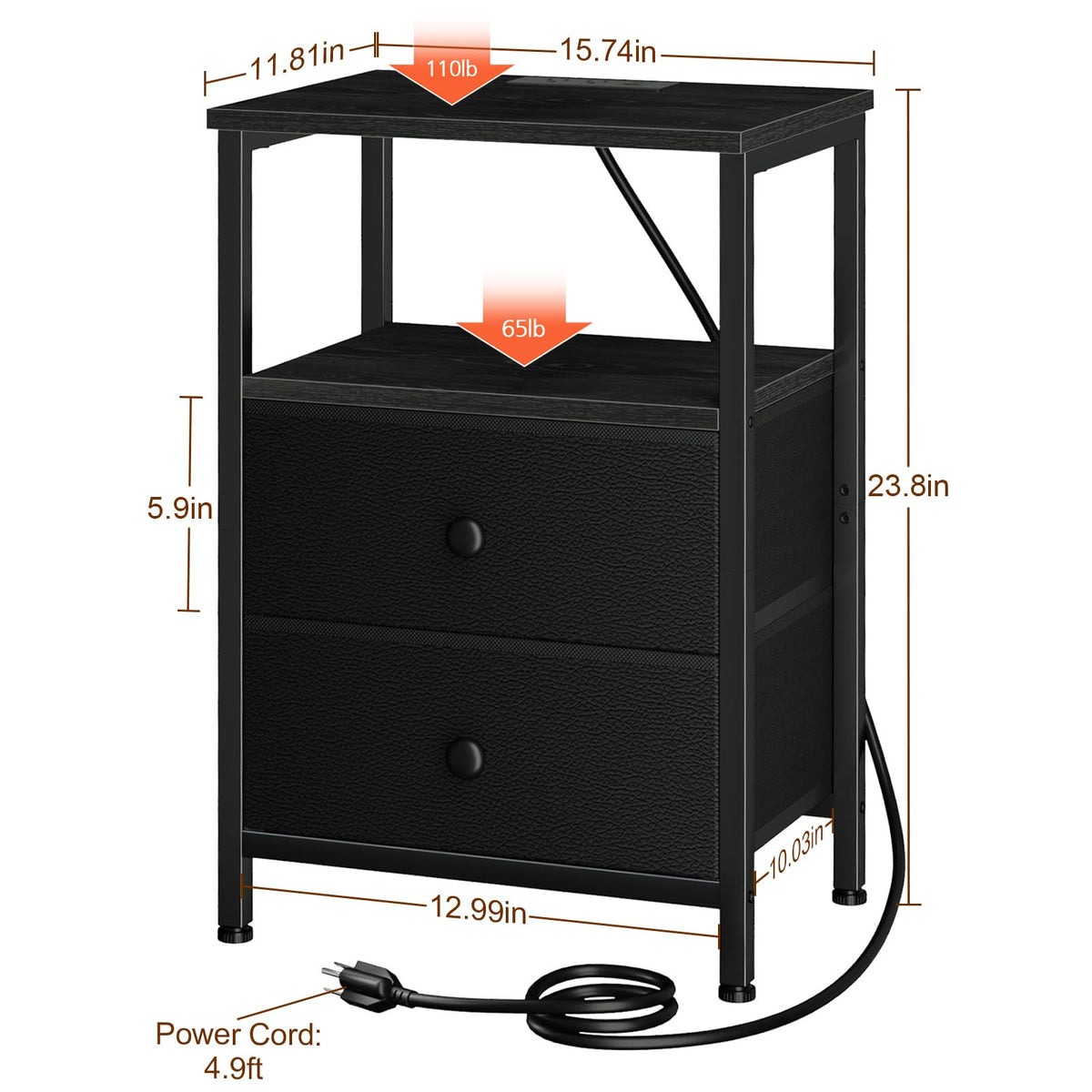 LOAKEKEL Night Stand with Charging Station, Small Bedside Table with Fabric Drawer, Nightstand with USB Ports & Outlets for Bedroom, Living Room, Black, HETS020BK-1
