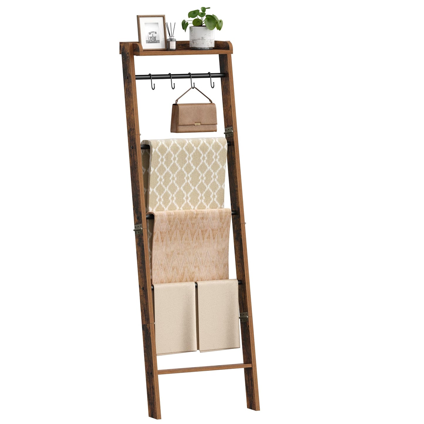 Hzuaneri Blanket Ladder Shelf for Living Room, Decorative Quilt Rack with Storage Shelf, 6-Tier Farmhouse Towel Rack, Ladder Holder Organizer with 4 Removable Hooks for Bedroom, Rustic Brown BR35801B