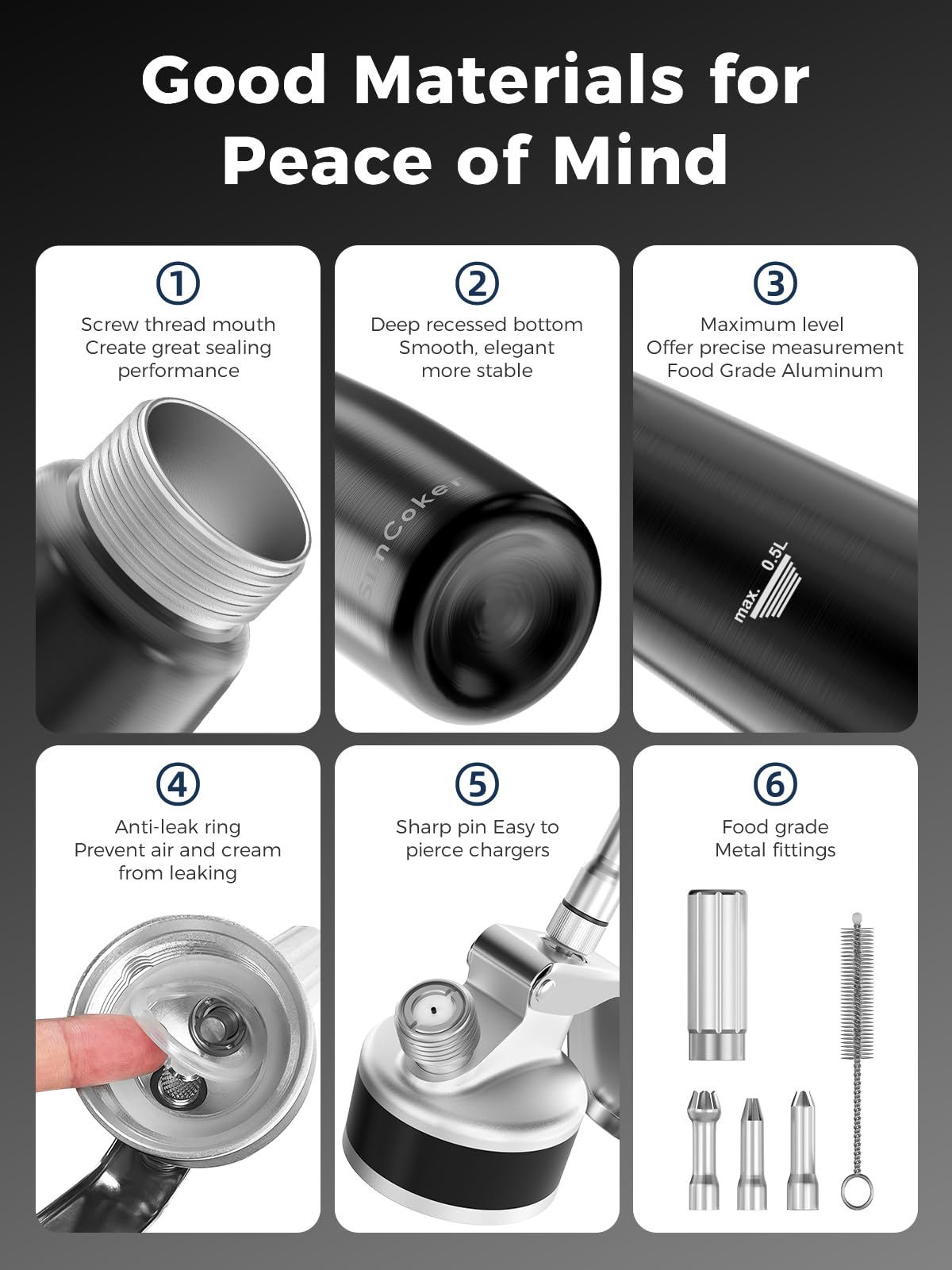Professional Aluminum Whipped Cream Dispenser 500ml / 1 Pint, Leak-Proof Cream Whipper with 3 Decorating Tips, Food-Grade Tested, Easy Clean, N2O Chargers Compatible (Not Included)