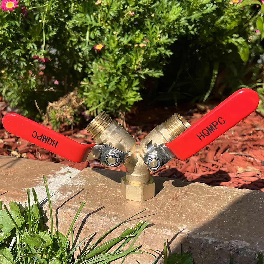 HQMPC Garden Hose Y Valve Splitter Brass Hose Splitter with Stainless Steel Long Handle Brass Garden Hose Adapter 2 Way Y Valve 3/4" GHT Thread 2pcs