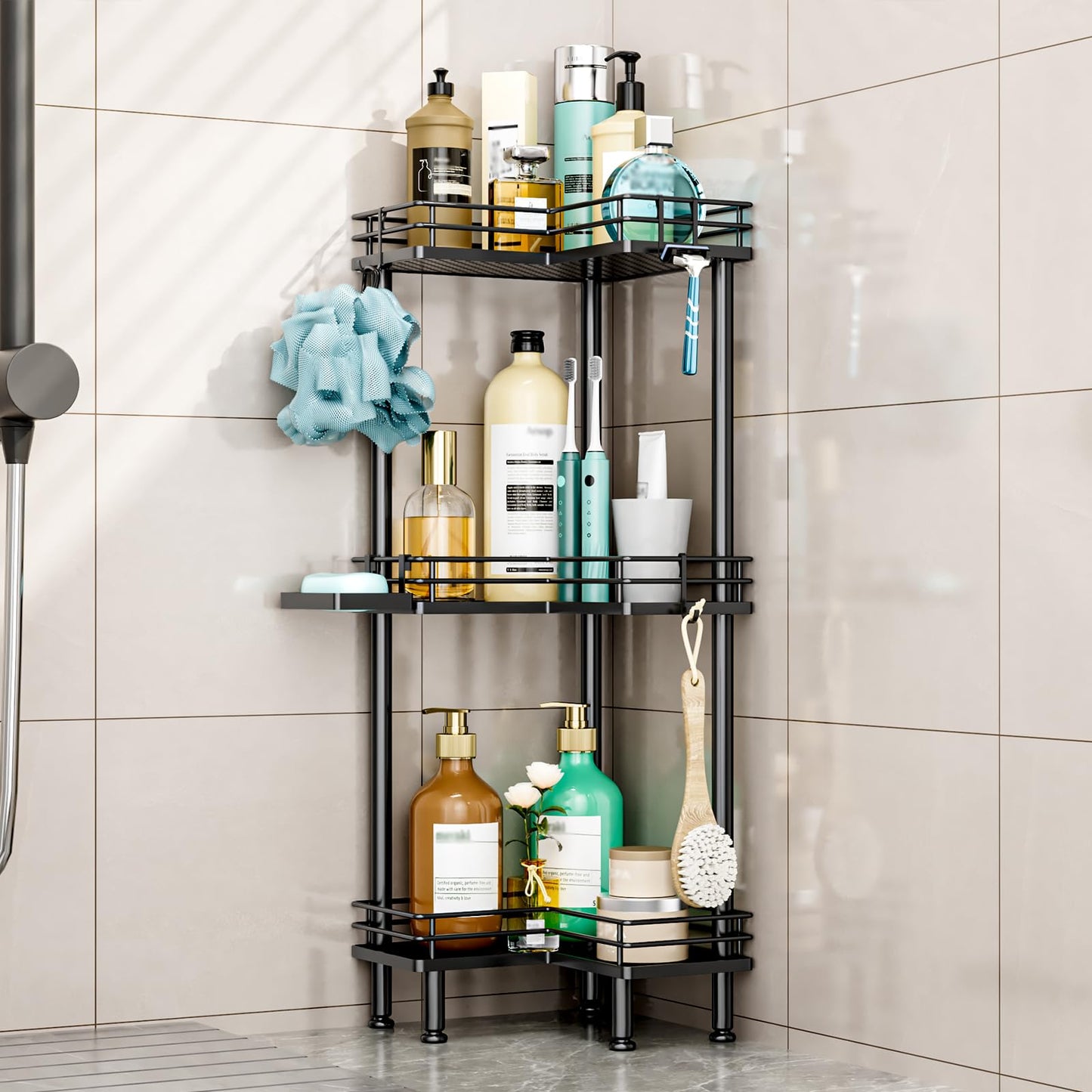 HapiRm Corner Shower Caddy Standing - 3 Tier Shower Caddy Corner Stand with Shampoo Holder, Floor Bathroom Shelves with 4 Hooks, Black