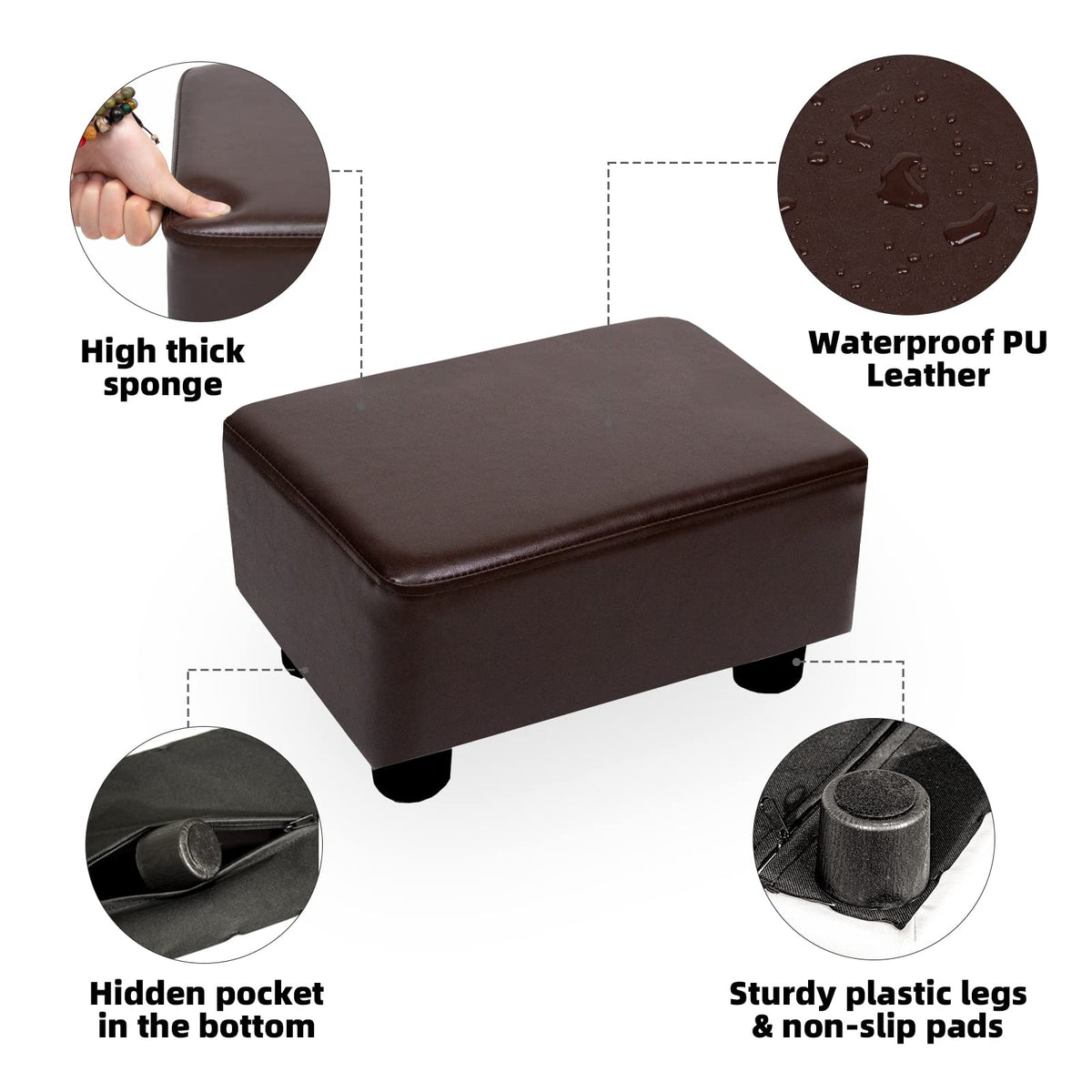 CAROLMADE Small Foot Stool Ottoman PU Footstool with Legs Foot Rest for Living Room Bedroom and Office, Brown
