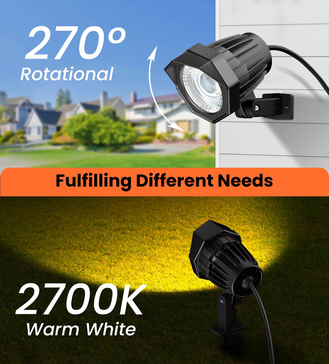 MEIKEE 15W 1500LM LED Landscape Lighting 120V 2700K Warm White Landscape Lights IP66 Waterproof Outdoor Garden Spotlights with US Plug for Wall Tree Fence Yard Path (2 Pack)