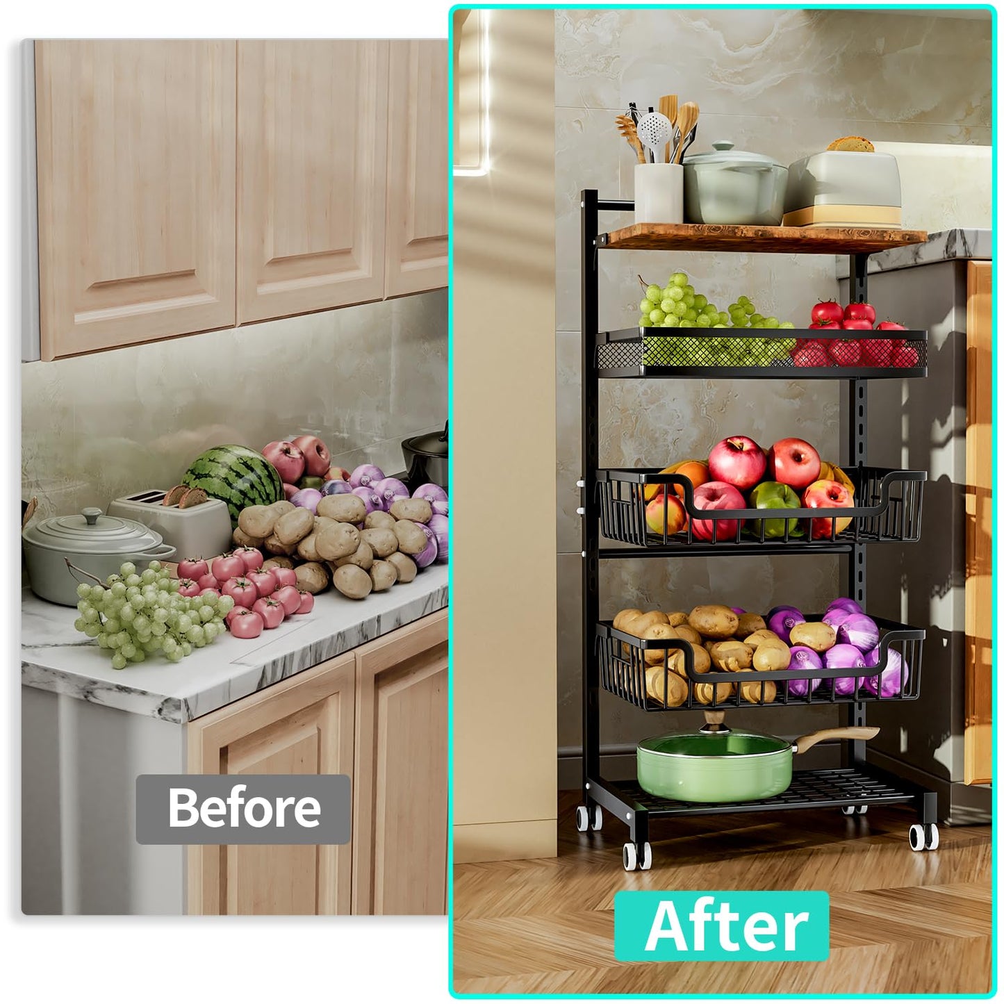HapiRm Fruit Basket Kitchen Cart - 5 Tier Adjustable Vegetable Storage Rack, Large Capacity Rolling Kitchen Carts on Wheels for Snack Onion and Potato Storage