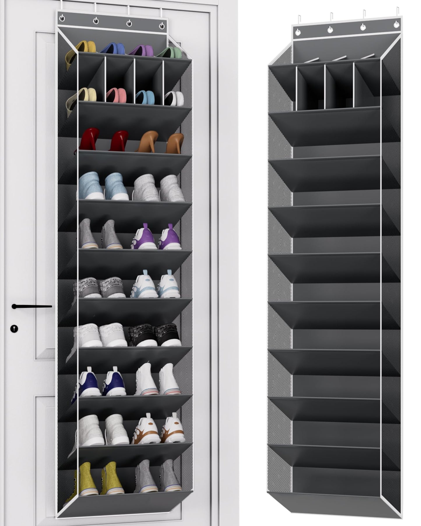 KYEVIS Over the Door Shoe Organizer, 10-Tier Hanging Shoe Rack for Closet with Deep Pockets, Space-Saving Storage Holds 20 Pairs for Sneakers, Boots (Grey)