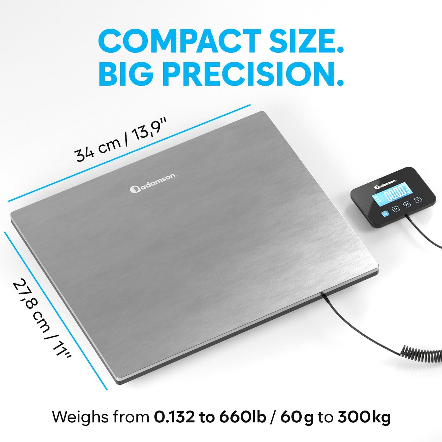 Shipping Scale - 660 lbs - High Accurate Digital Postal Scale with Hold/Tare Function - Perfect for Packages, Luggage, Suitcase, Home Use - Battery & Cable Included - Silver