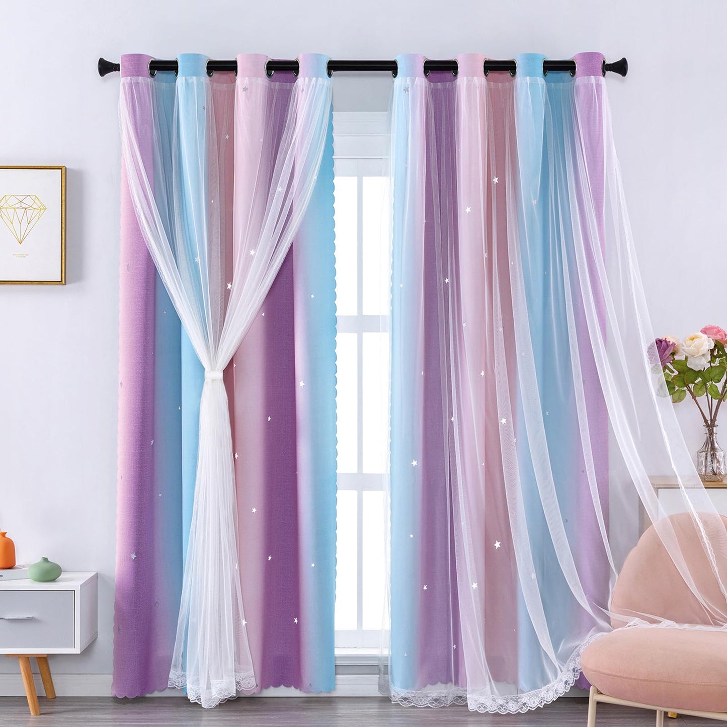 XiDi Blackout Rainbow Curtains 2 Panels for Girls Kids Bedroom Nursery Living Room Decor Rideaux Occultants Drapery with Eyelet for Windows W34xL63 Inch Wall Decals