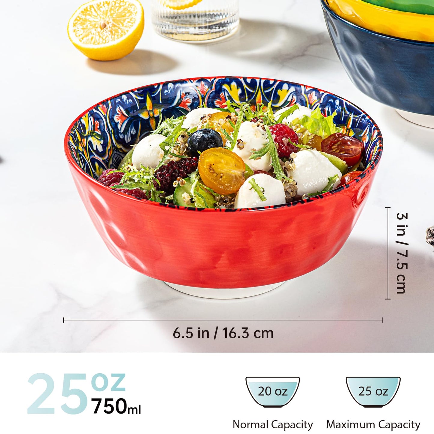 Porcelain Cereal, Soup Bowls Set of 6-25 Oz Colorful Serving Bowls for Salad, Pasta, Oatmeal, Dessert, Dishware, Microwave & Oven Safe - Bohemian Style