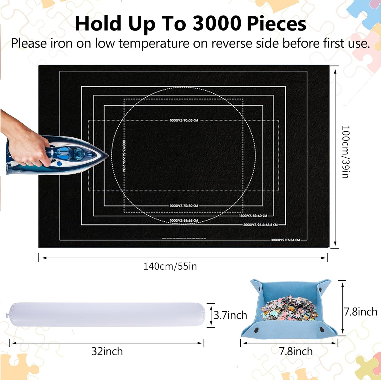 Jigsaw Puzzle Mat Roll Up 3000 Pieces Puzzles Felt Save Mats Puzzle Storage Puzzle Saver Puzzle Keeper with Sorter Trays Drawstring Storage Bag