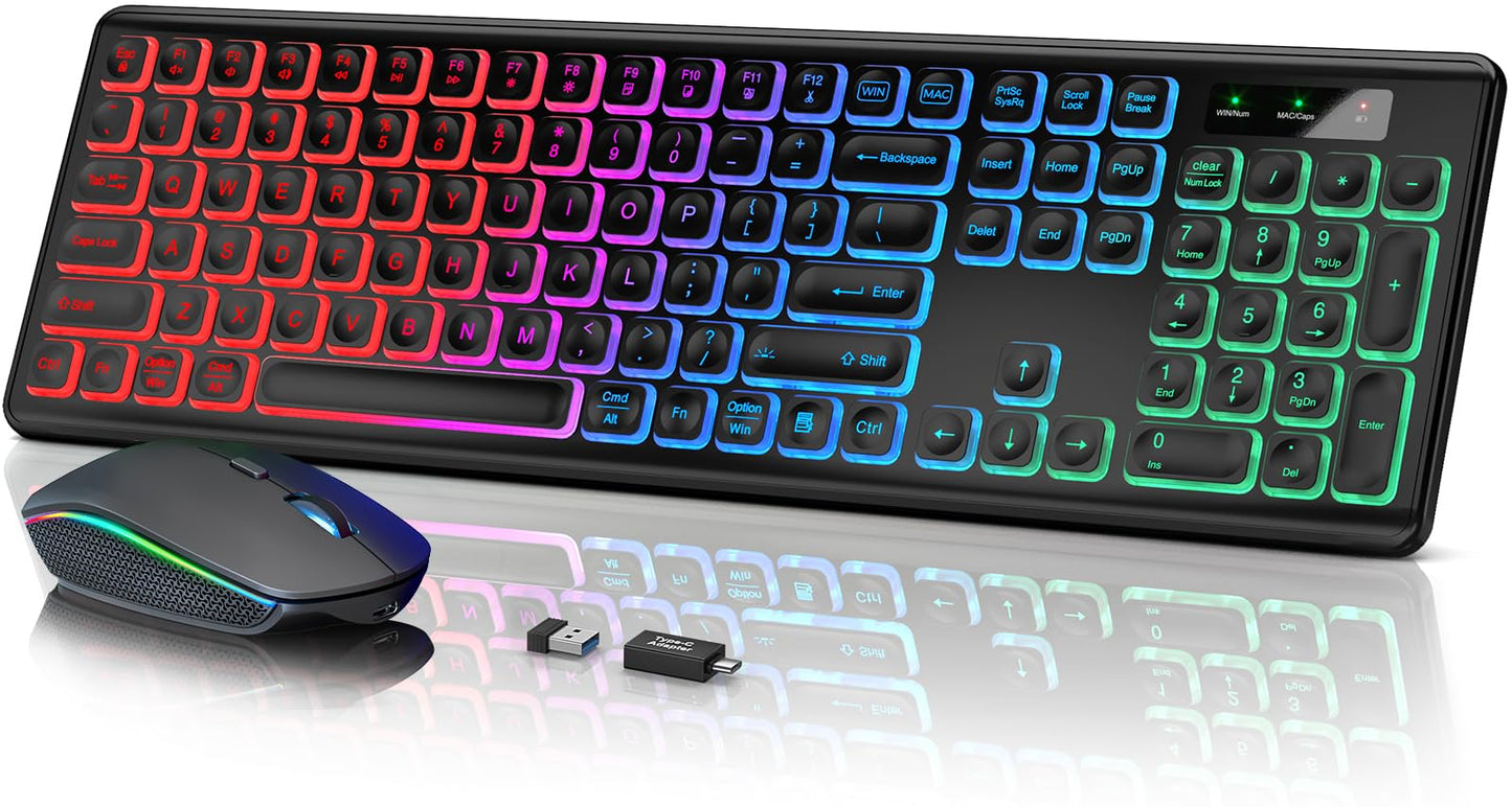 Wireless Keyboard and Mouse Combo - RGB Backlit, Rechargeable, Quiet Typing, Light-Up Keys, Full Size, Ergonomic Tilt, 2.4GHz USB Receiver for Windows, Mac, Laptop, PC, Trueque (Black)