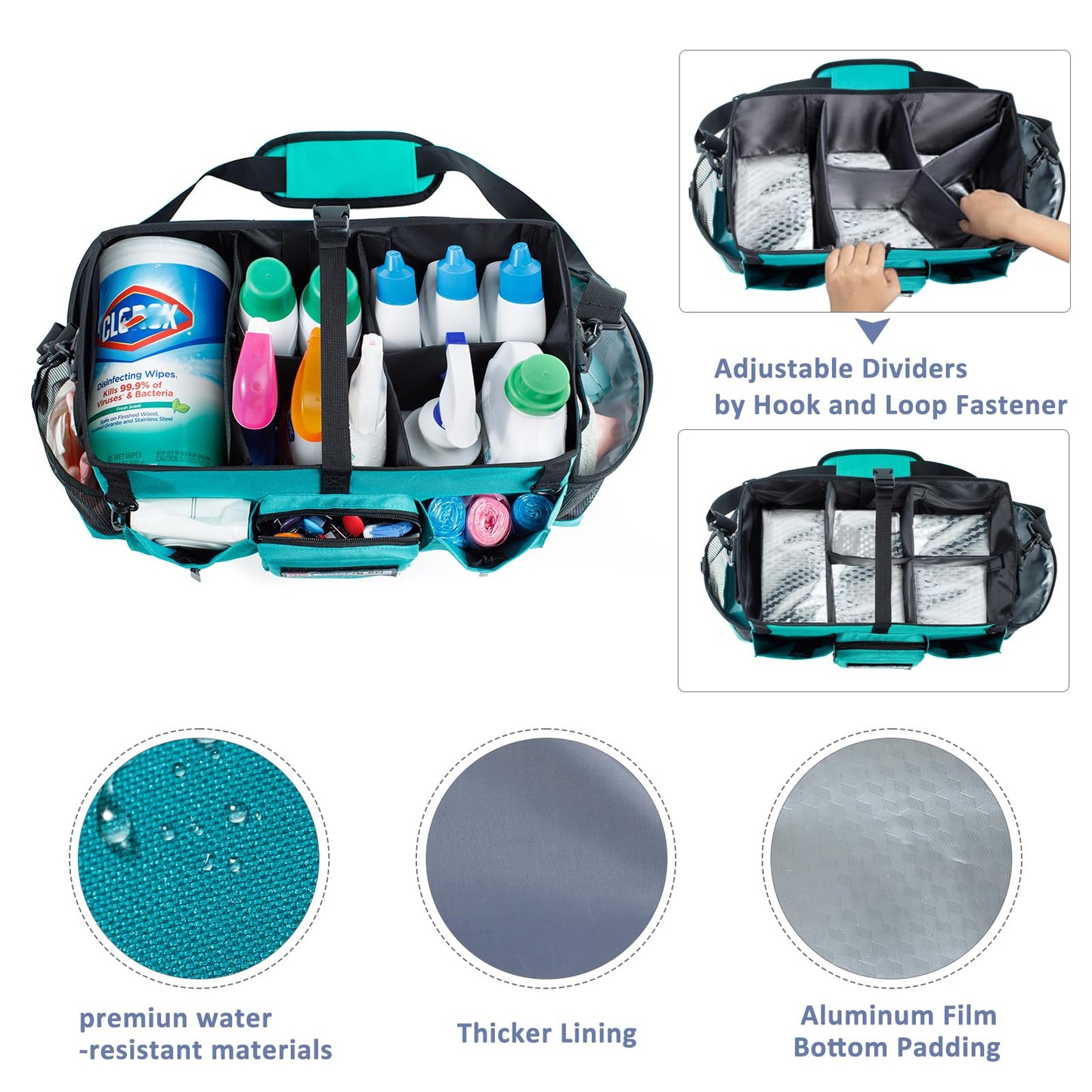 FRECOLSH Large Cleaning Supplies Organizer-Cleaning Caddy Organizer With Handles & Shoulder Strap-Cleaning Bags for Cleaning Suppliers-Housekeepers Wearable Cleaning Tote 2023 Upgraded, Teal