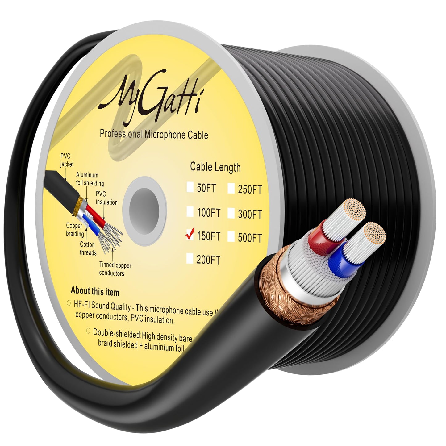 Bulk XLR Microphone Cable 150 Feet, Raw DIY Mic Spool Wire, 21 Gauge Audio Cable, OFC, 21AWG Tinned Copper 2-Conductor, Heavy-Duty, Spiral Copper Braided Shielding, Compatible with 3-Pin XLR Connector