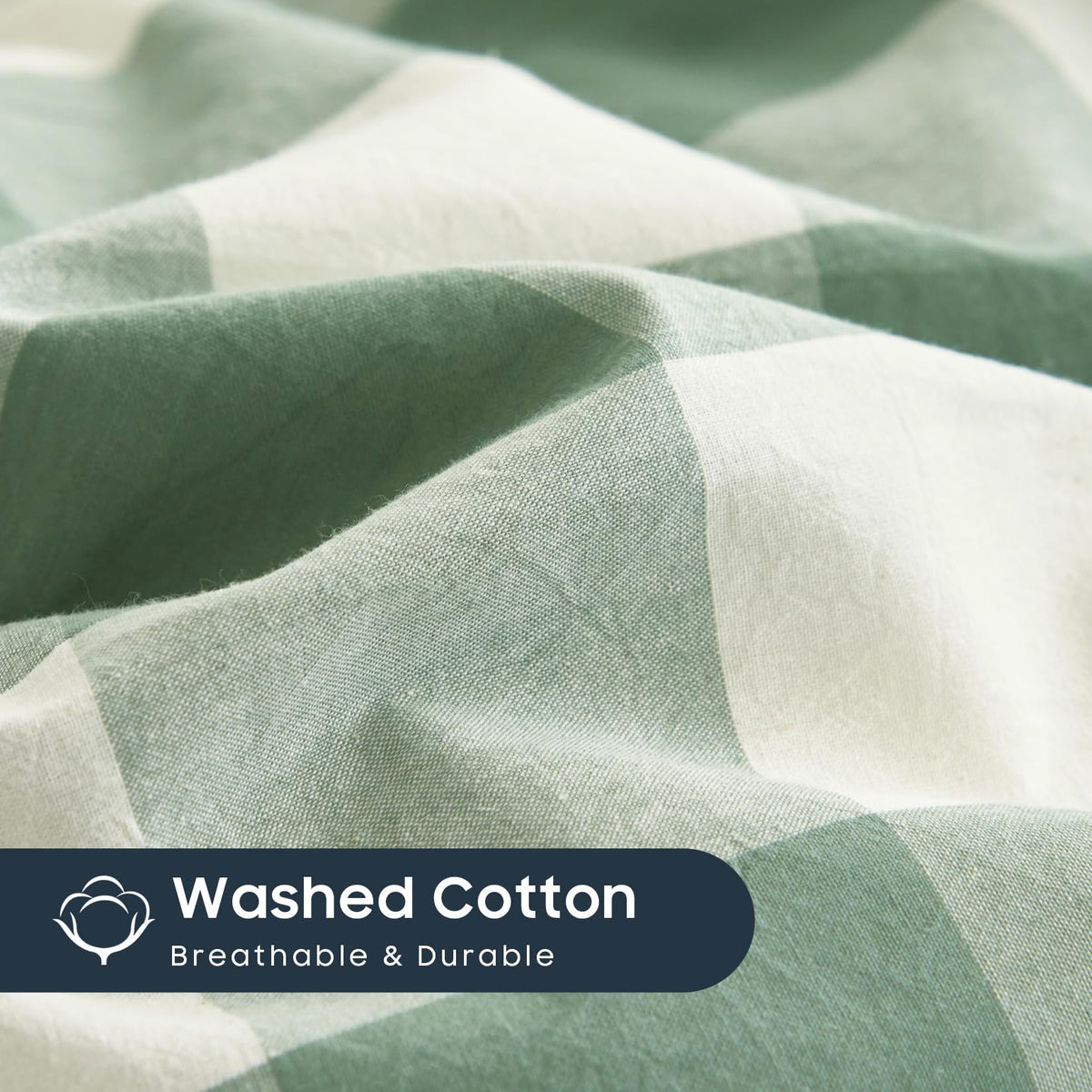 Wake In Cloud - Gingham Duvet Cover Set, 100% Washed Cotton Plaid Buffalo Check Checkered Geometric Farmhouse Bed Bedding with Zipper Closure, 3 Pieces, Green White, Queen Size